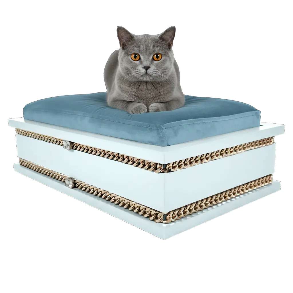 FUROAR Sky Medium luxury designer pet bed for cats and toy dogs with gold jewelry accessories.
