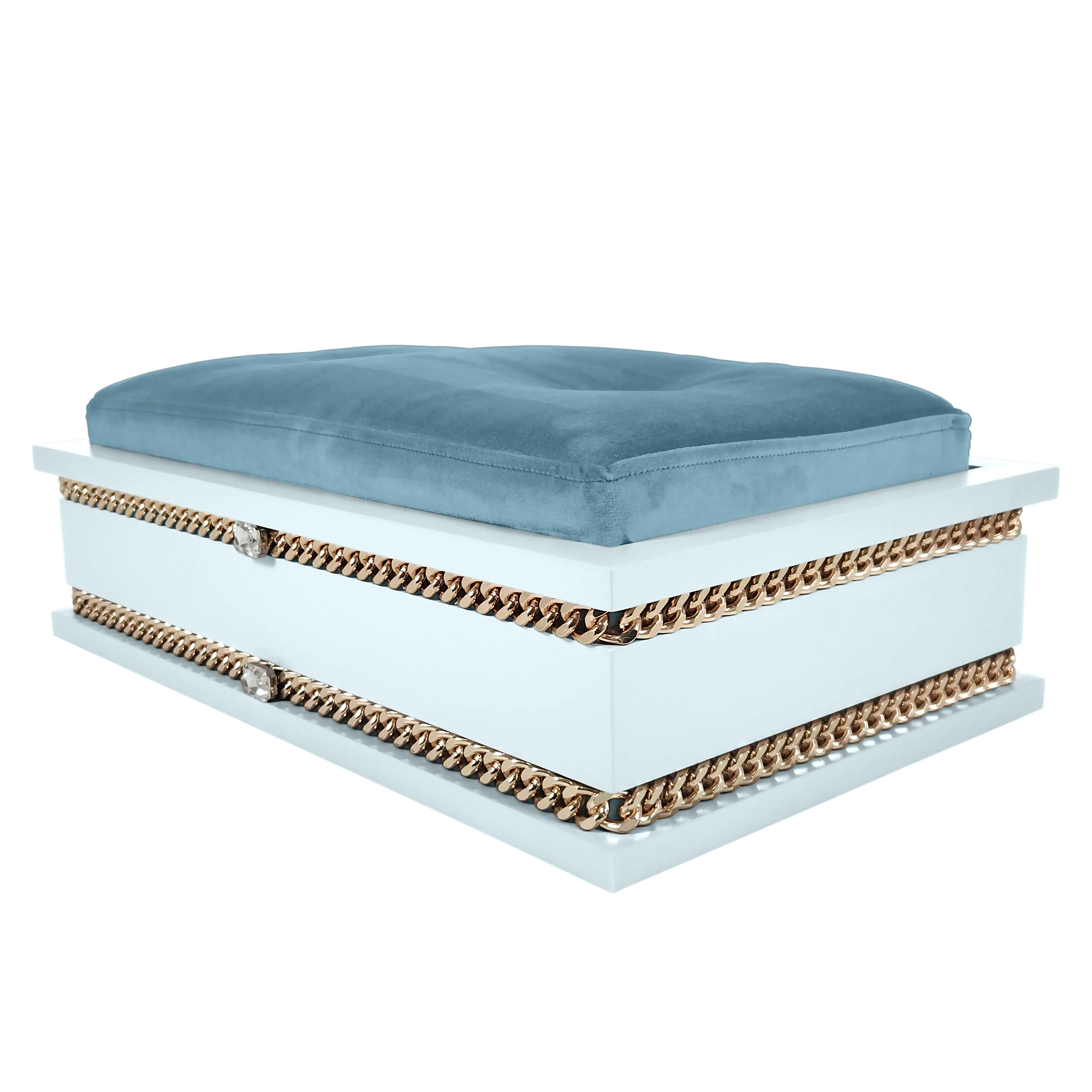 Side view of FUROAR Sky Medium pet bed showing plush jade velvet cushion for premium comfort