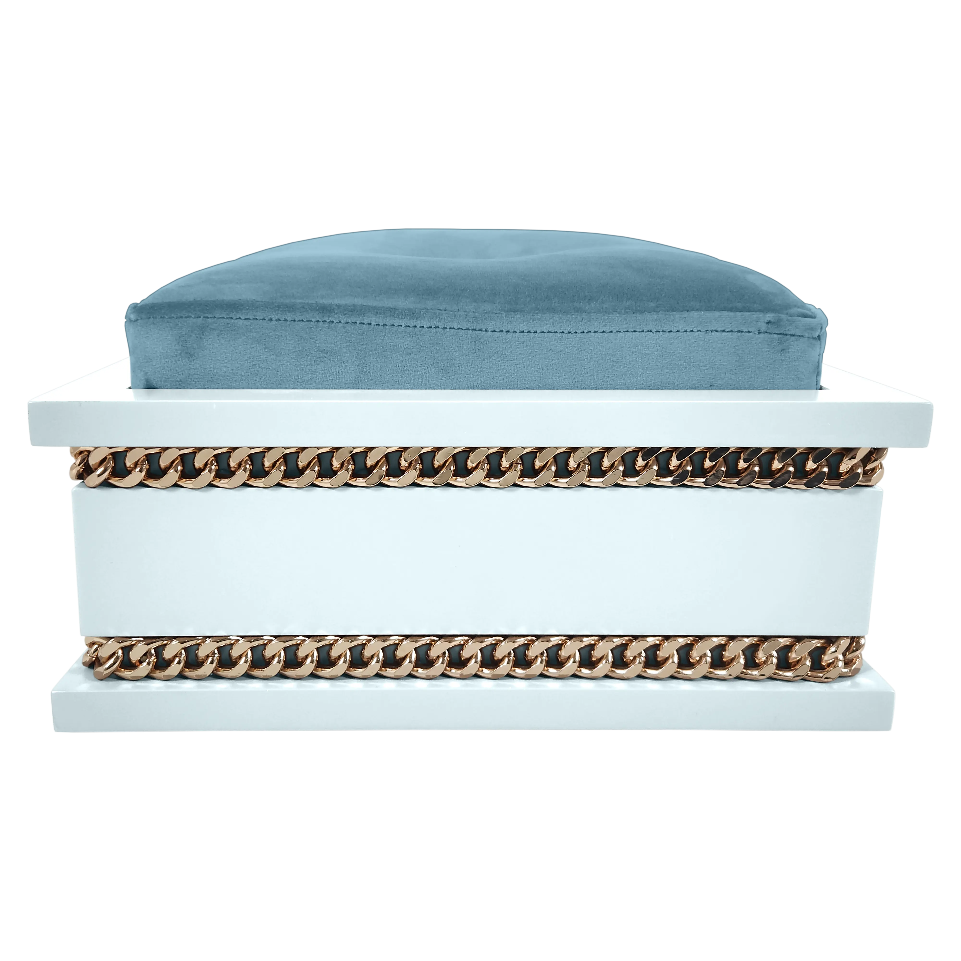 Back view of FUROAR Sky Small designer pet bed highlighting the gold chain detailing