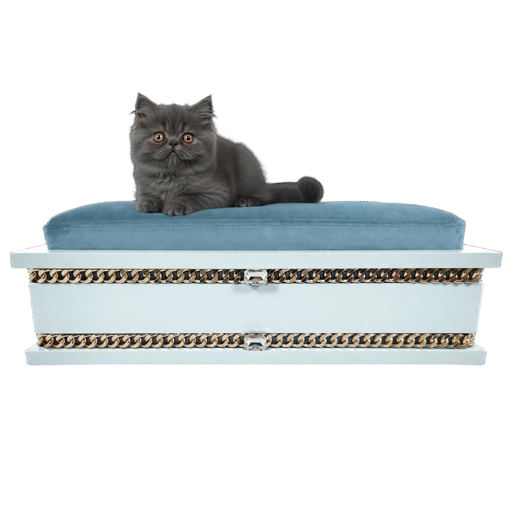 FUROAR Sky Small luxury designer pet bed for kittens and puppies with gold jewelry accessories.