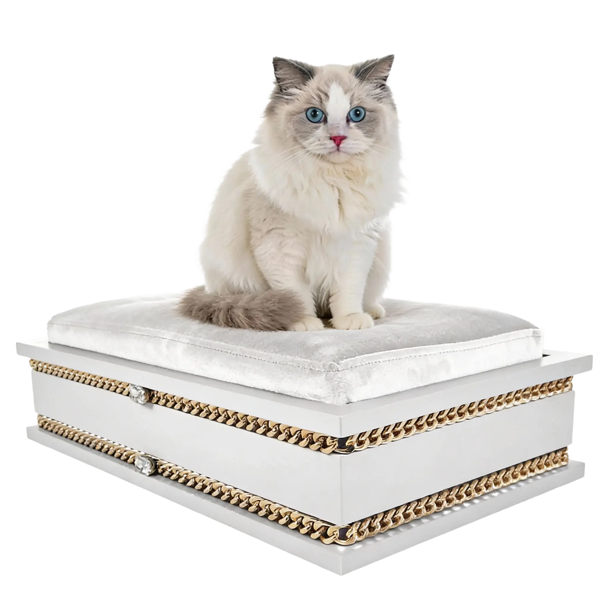 FUROAR Snow Medium luxury designer pet bed for cats and toy dogs with gold jewelry accessories.