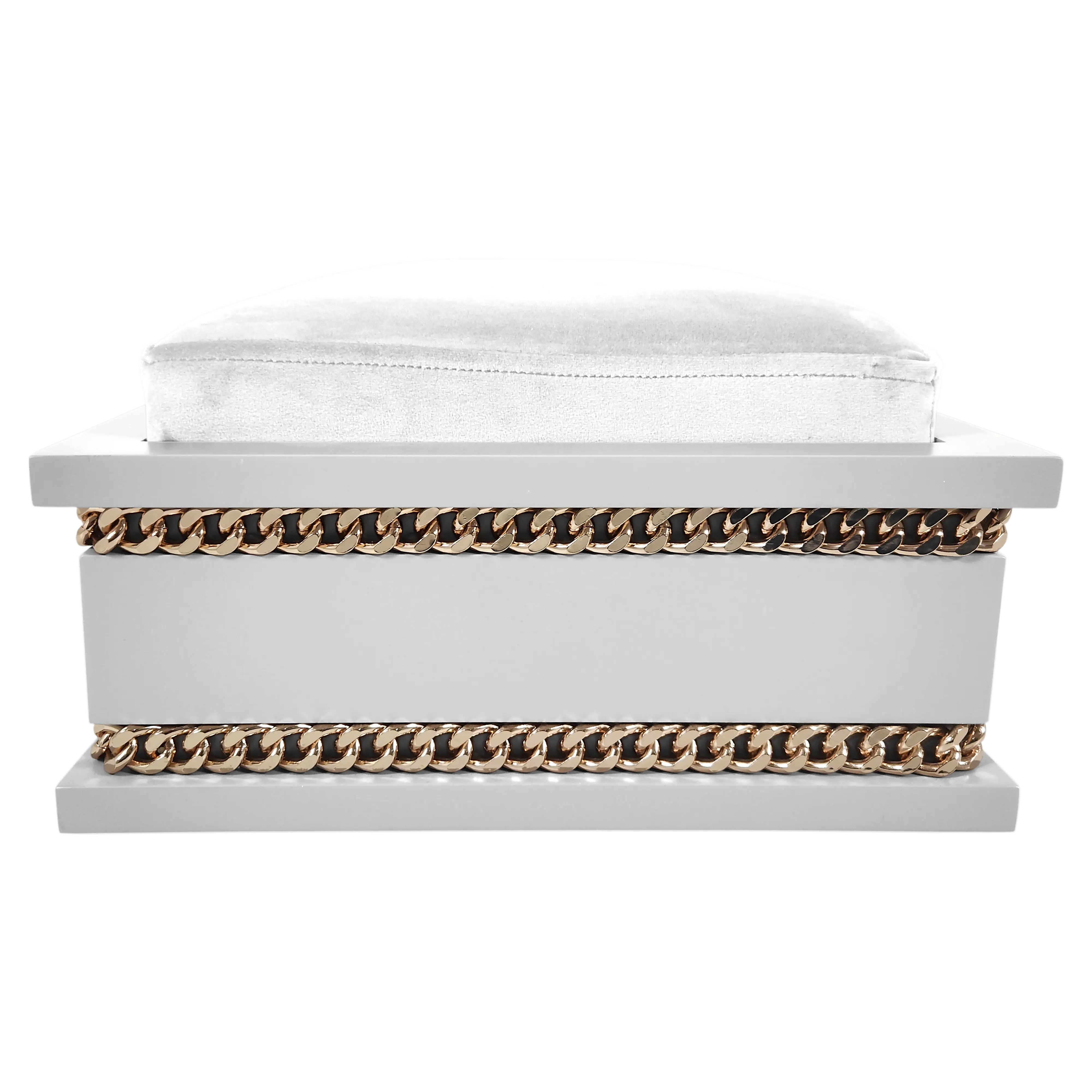 Back view of FUROAR Snow Small designer pet bed highlighting the gold chain detailing