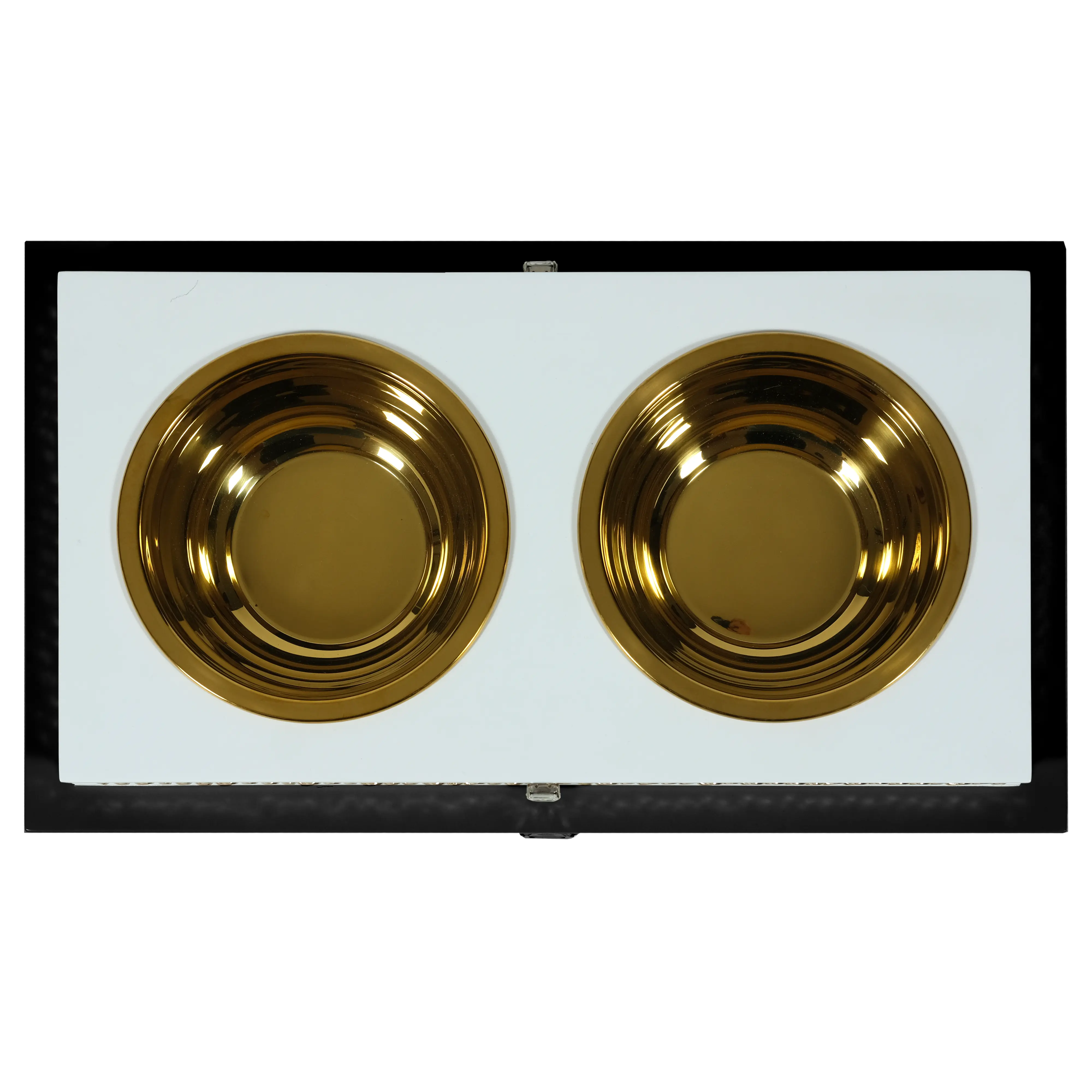 "Top view of the FUROAR Spotty Double Diner showcasing removable gold stainless steel bowls and a protective dual-layer system."