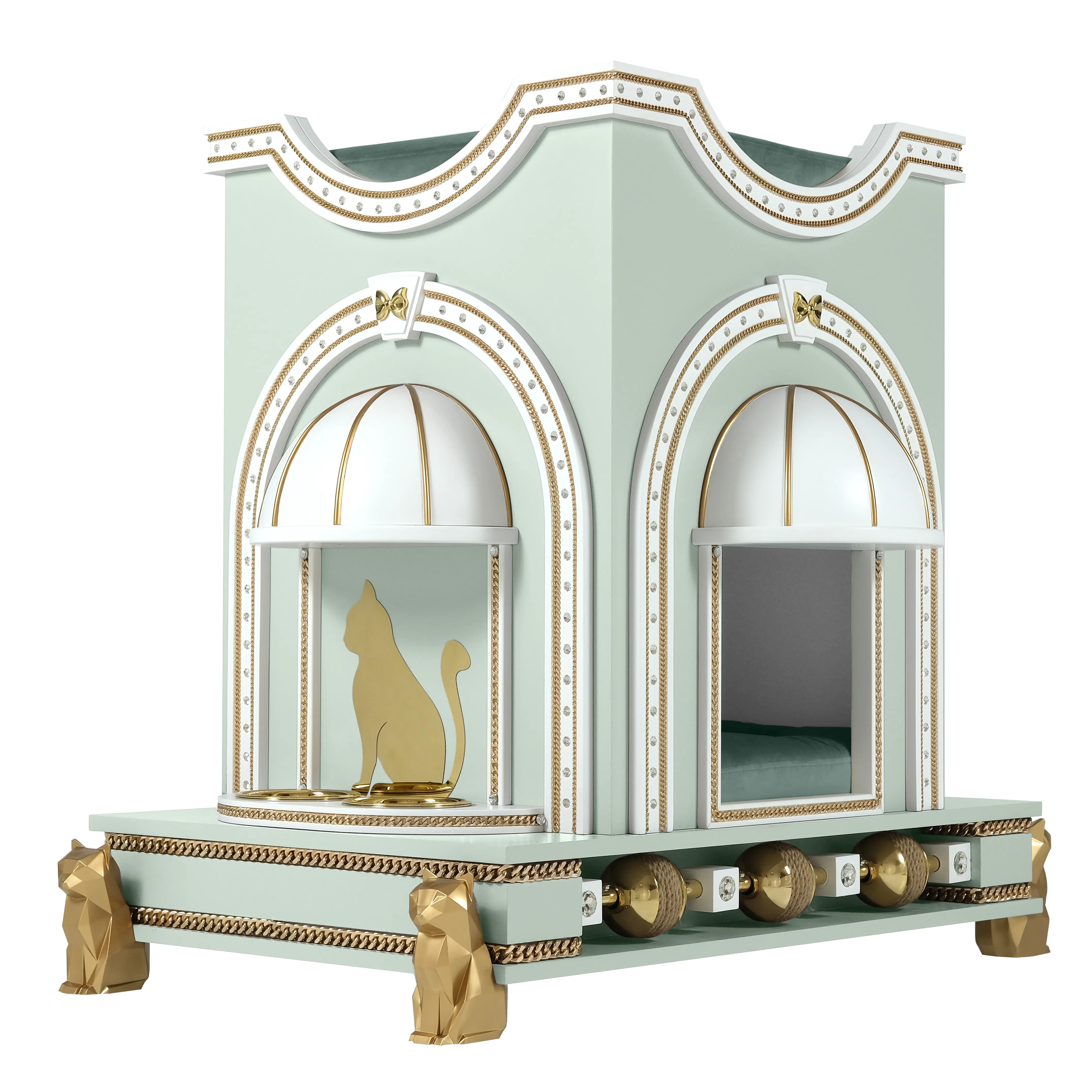 "Side profile of SUGAR aesthetic pet furniture, highlighting the tamed structural lines and ultra-modern luxury aesthetic."