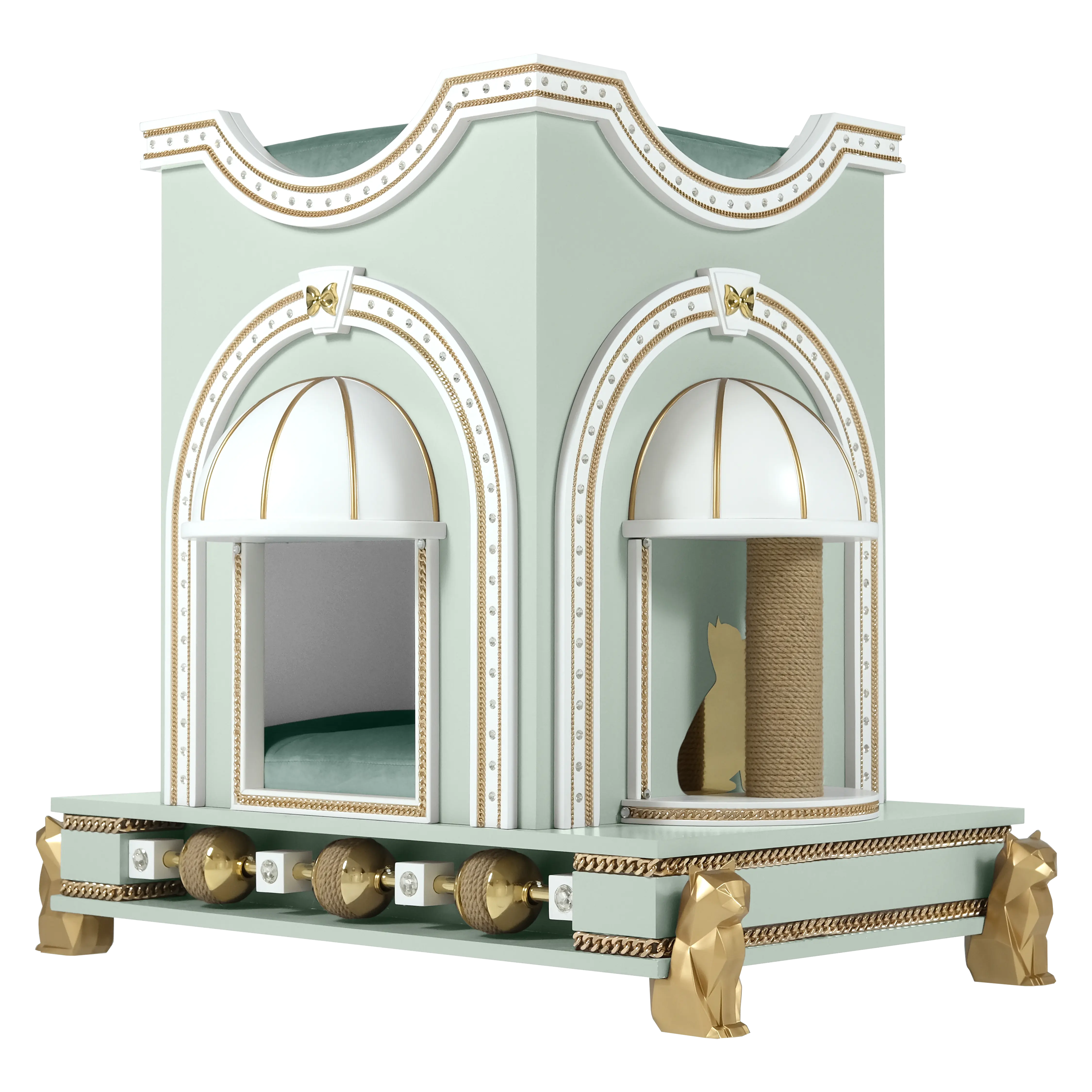 "Detail of the SUGAR gold rotating spheres and premium velvet cushion, showcasing the exotic designer touch of this unique cat house."