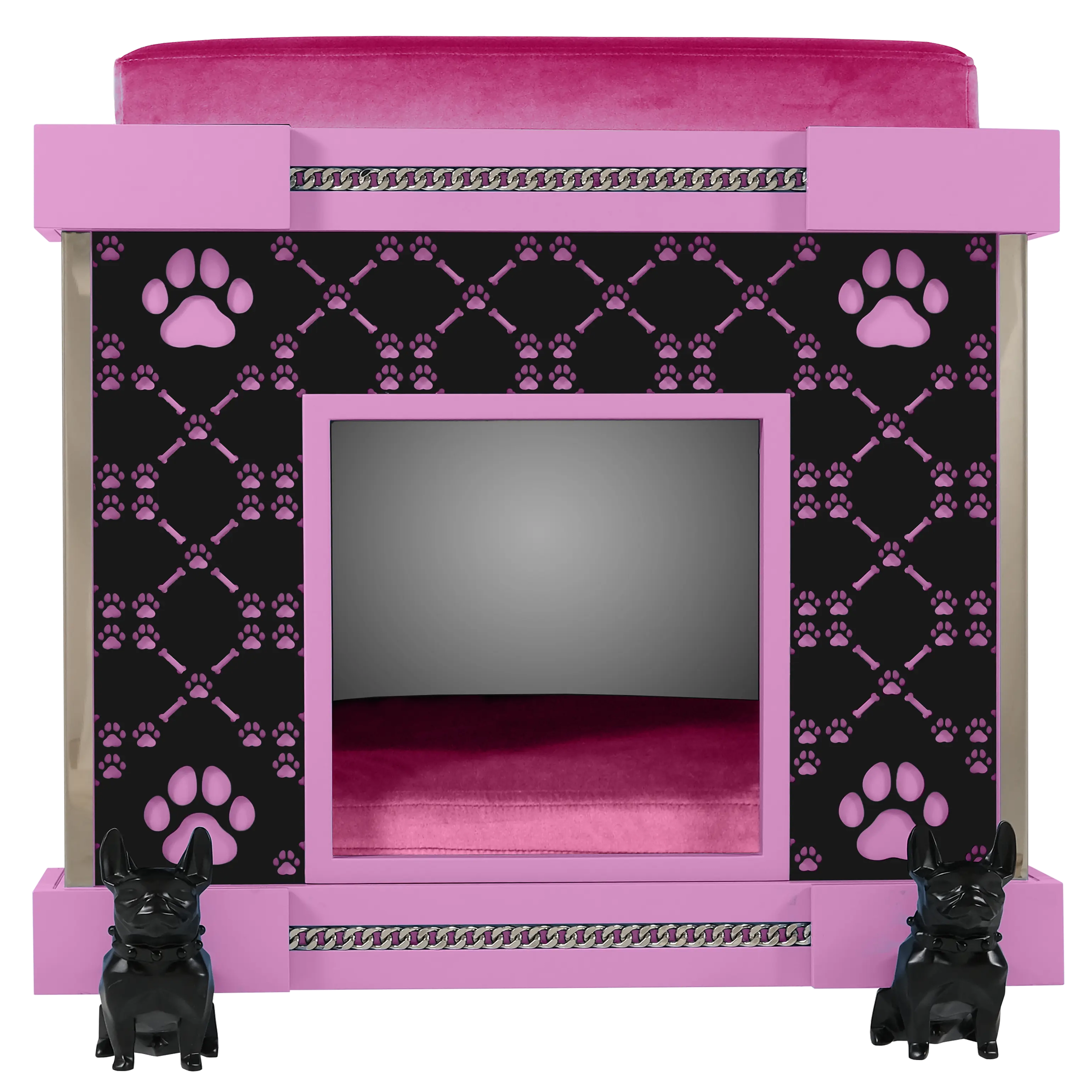 "A designer kennel facade you will love, featuring white French Bulldog casters for fashion dogs and icon pets."