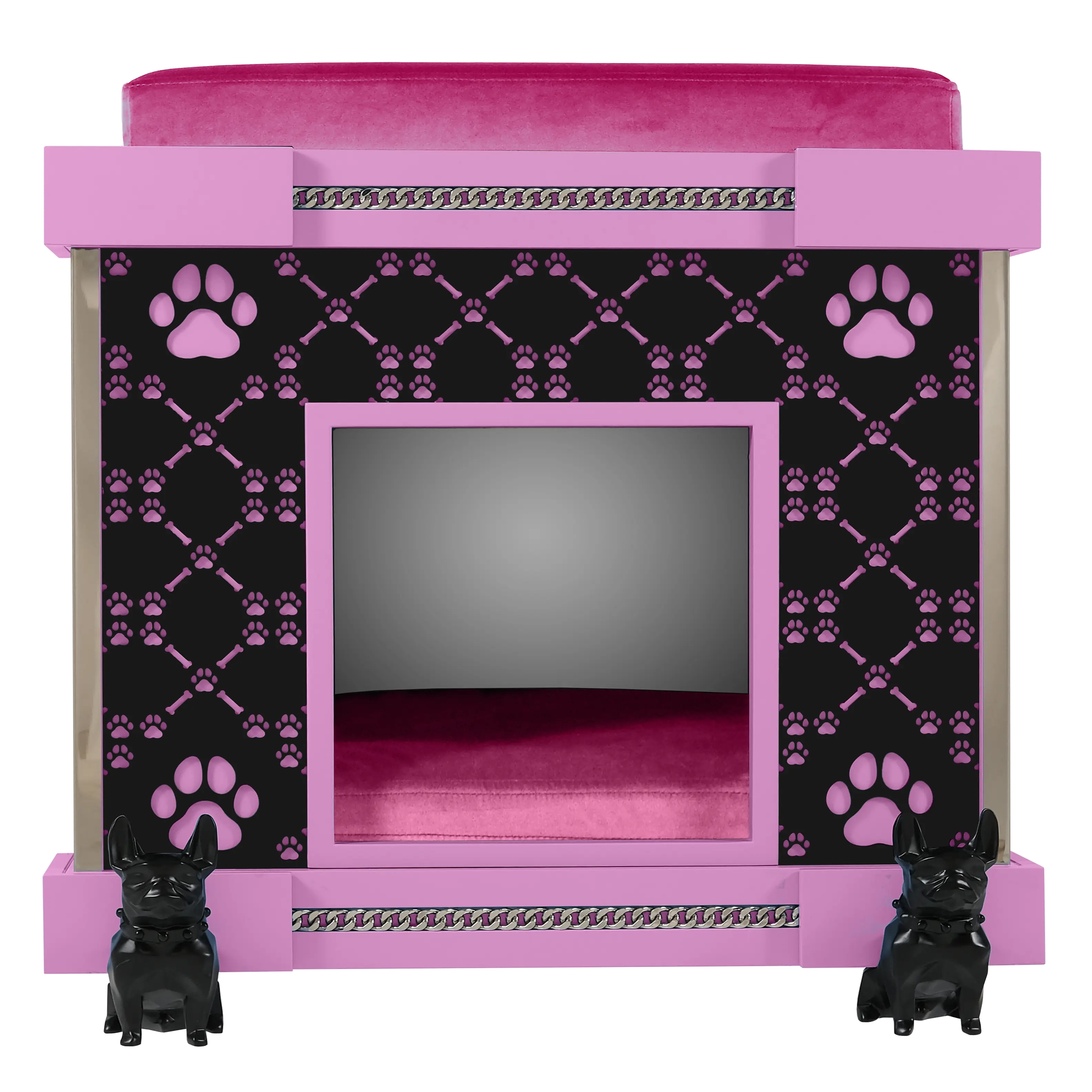 "Front facade of the Rose Sweetie Premier Executive Suite featuring signature patterns and French Bulldog shaped casters."