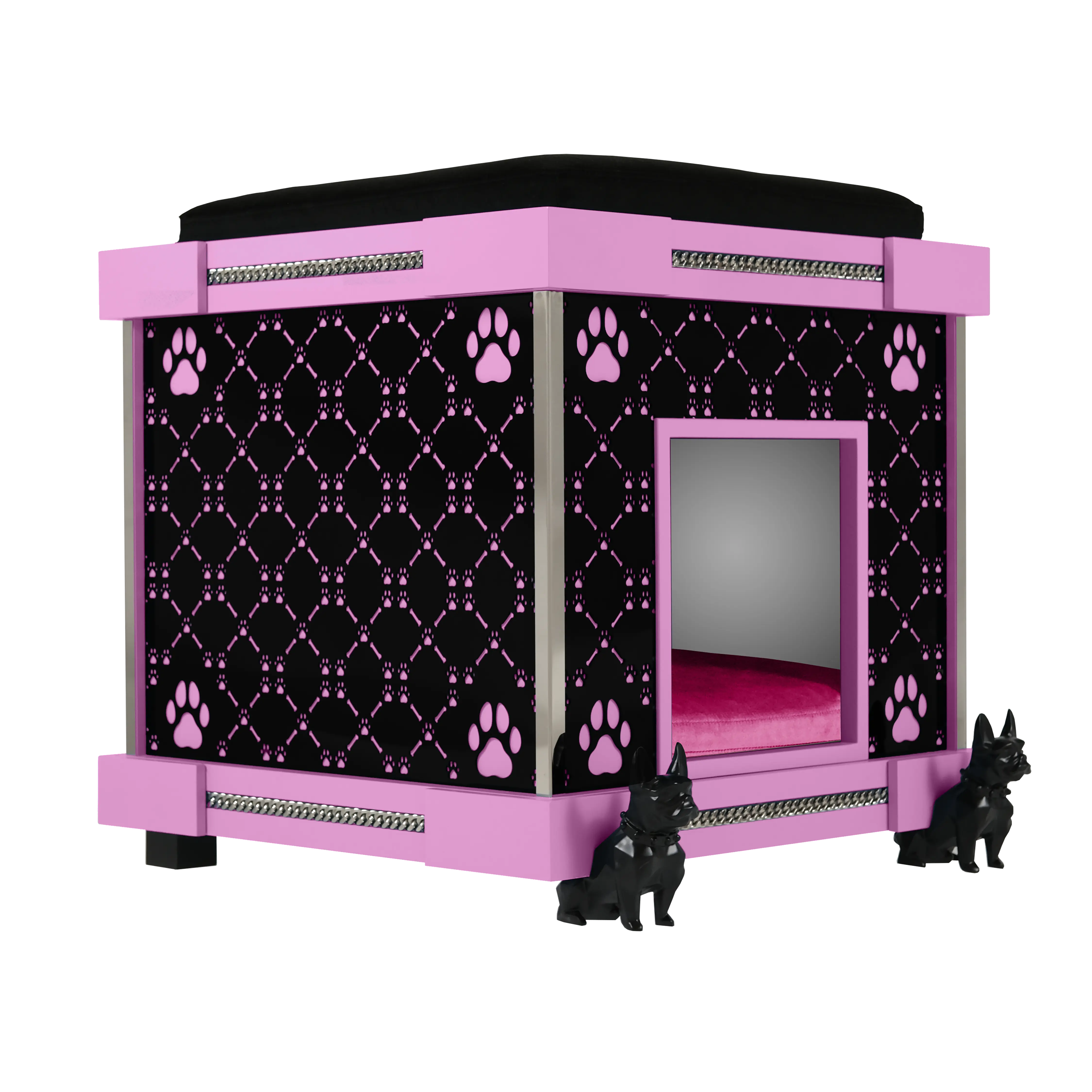  "Side view of the Rose Sweetie Premier Executive fashion kennel highlighting the architectural frame and Bulldog casters."