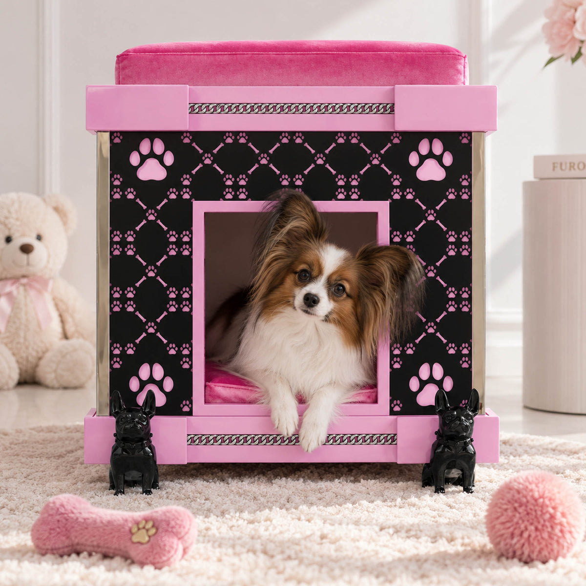 furoar small  sweetie puppy play house  with papillon dog sitting inside 