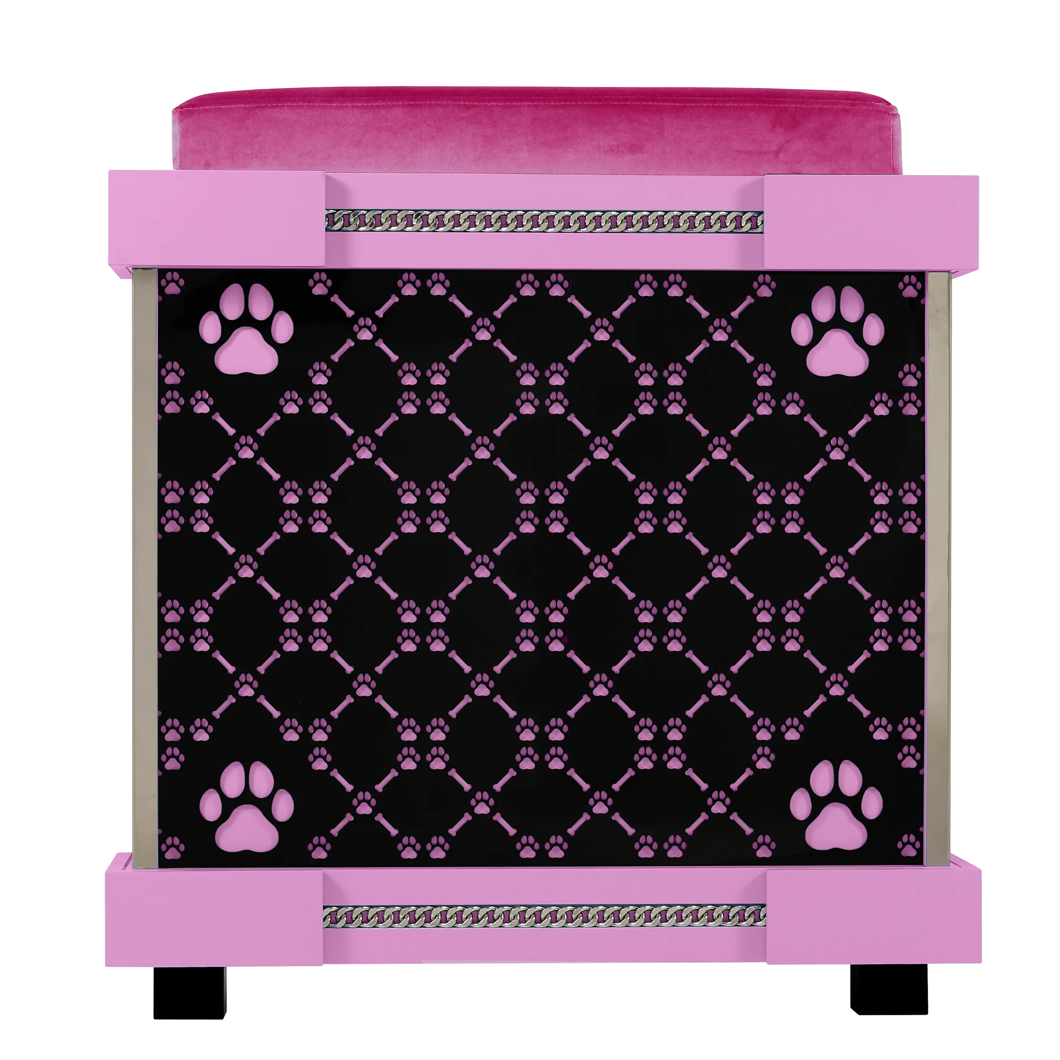 Rear view of the Sweetie celebrity puppy kennel house showcasing the signature patterned walls.