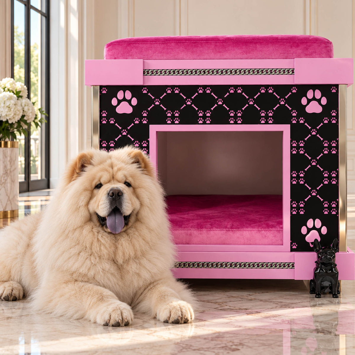 A fluffy cream-colored Chow Chow dog lies on a polished marble floor in front of a pink and black decorative pet house with a plush pink top cushion and bed.
