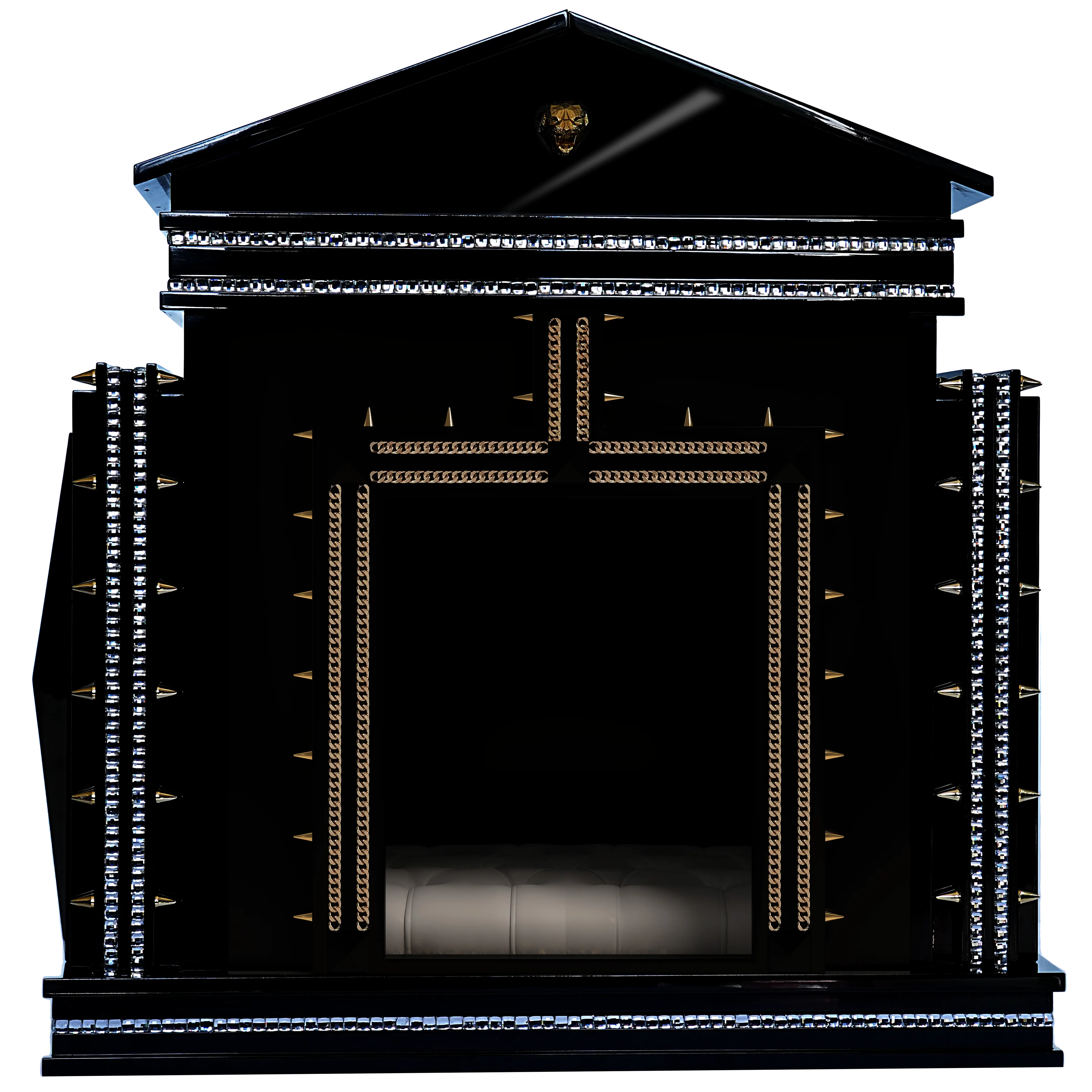 Grand piano gloss facade with 24k gold studs and diamonds on a large breed dog kennel house.