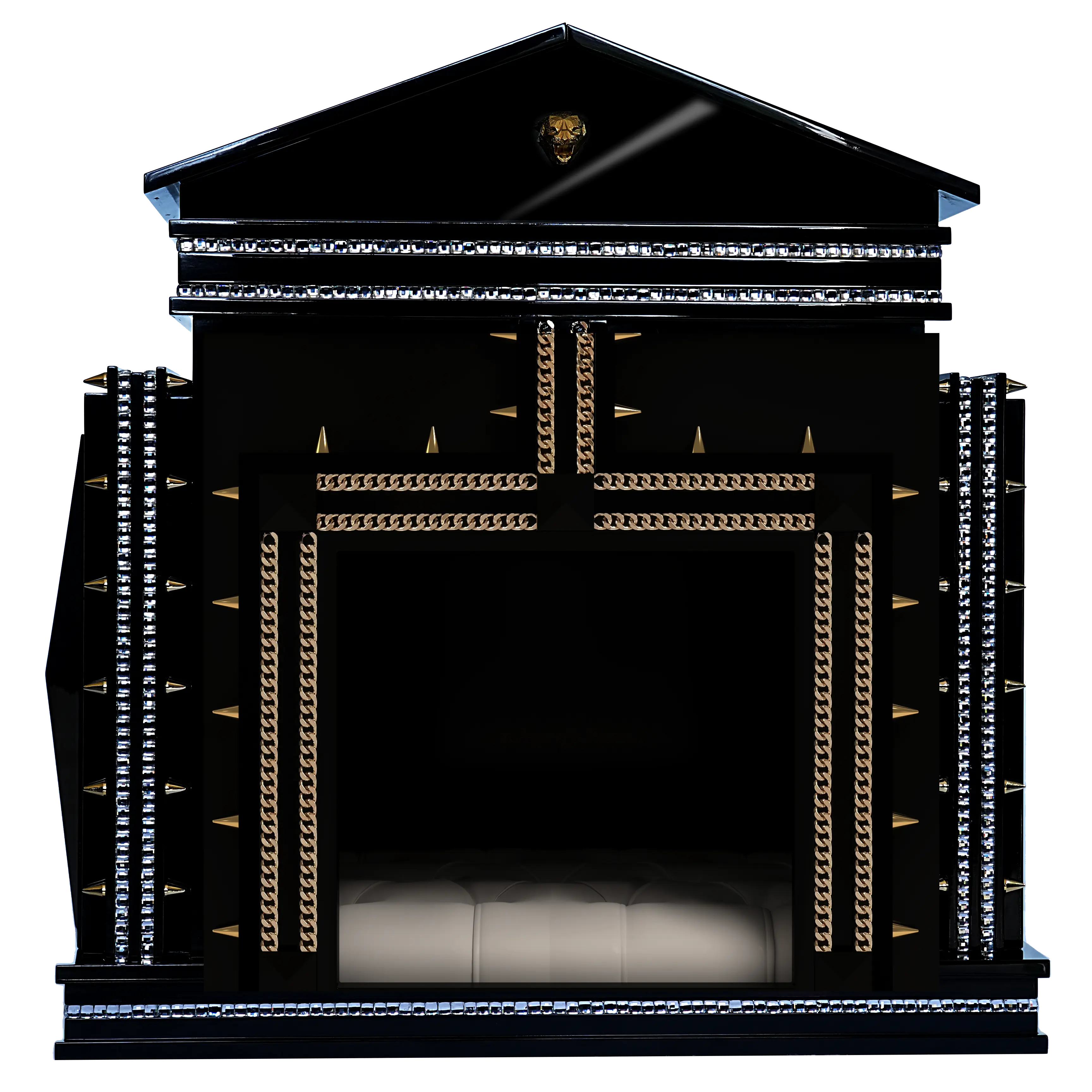 Piano gloss facade with 24k gold studs and diamonds on a medium breed dog kennel house.