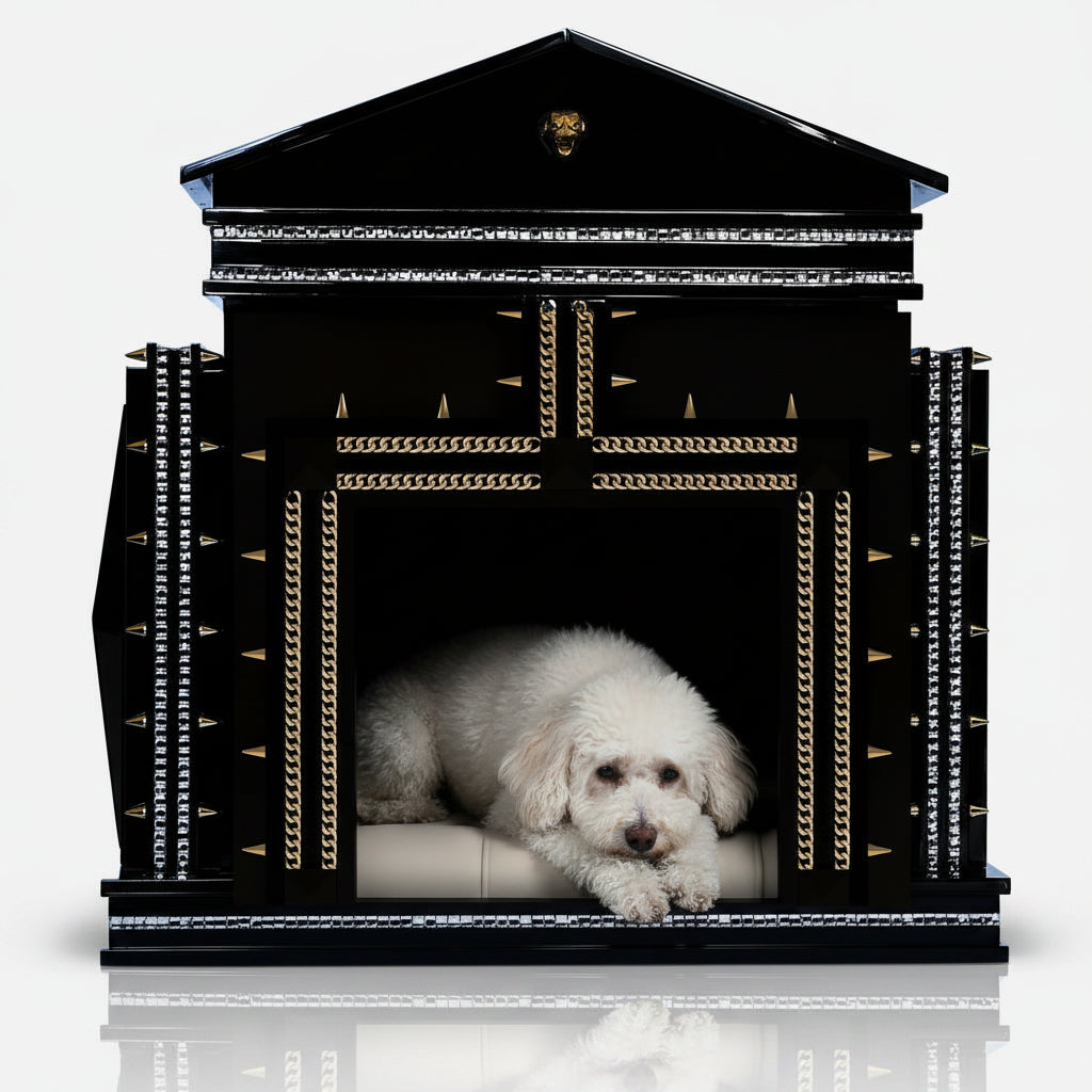 The Beverly Hills Medium indoor dog kennel house in a super glam piano black finish.
