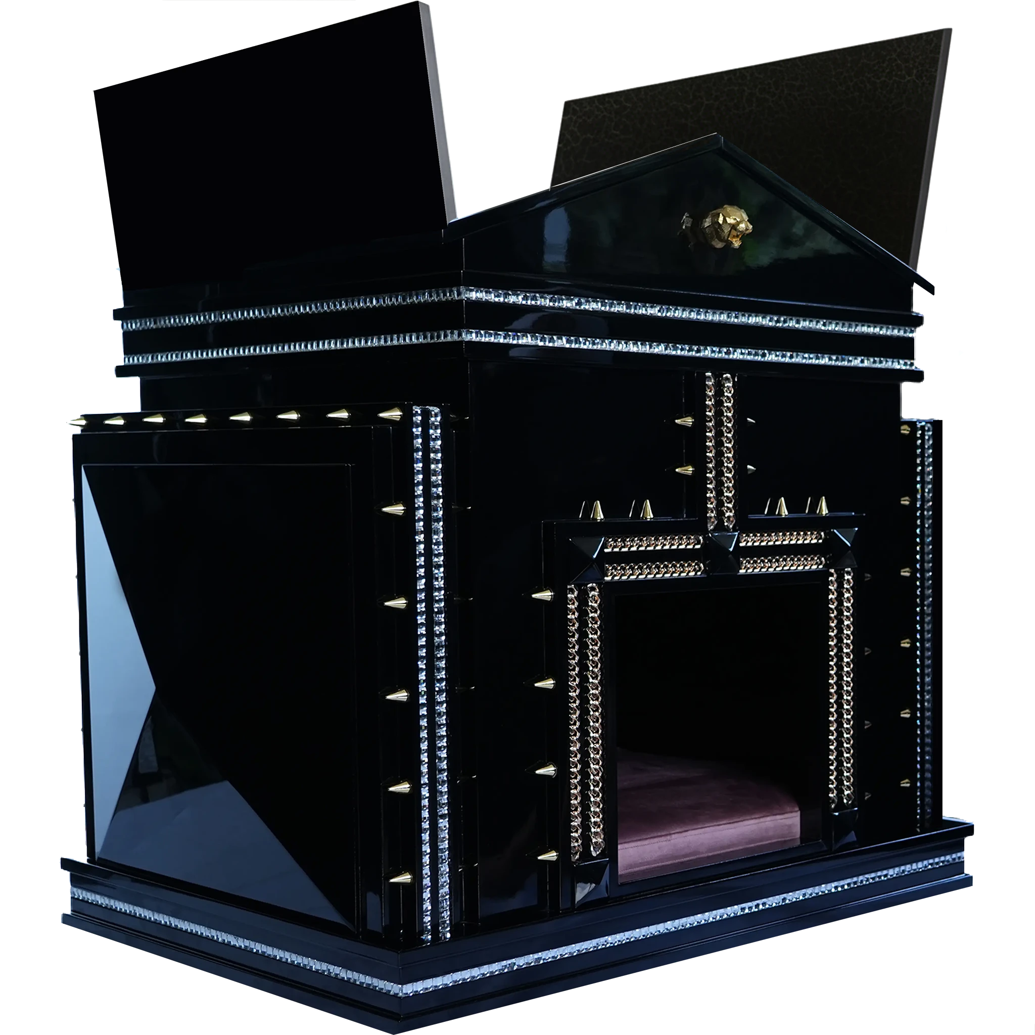 Piano black hidden roof closet open on an ultra sleek indoor dog kennel house.