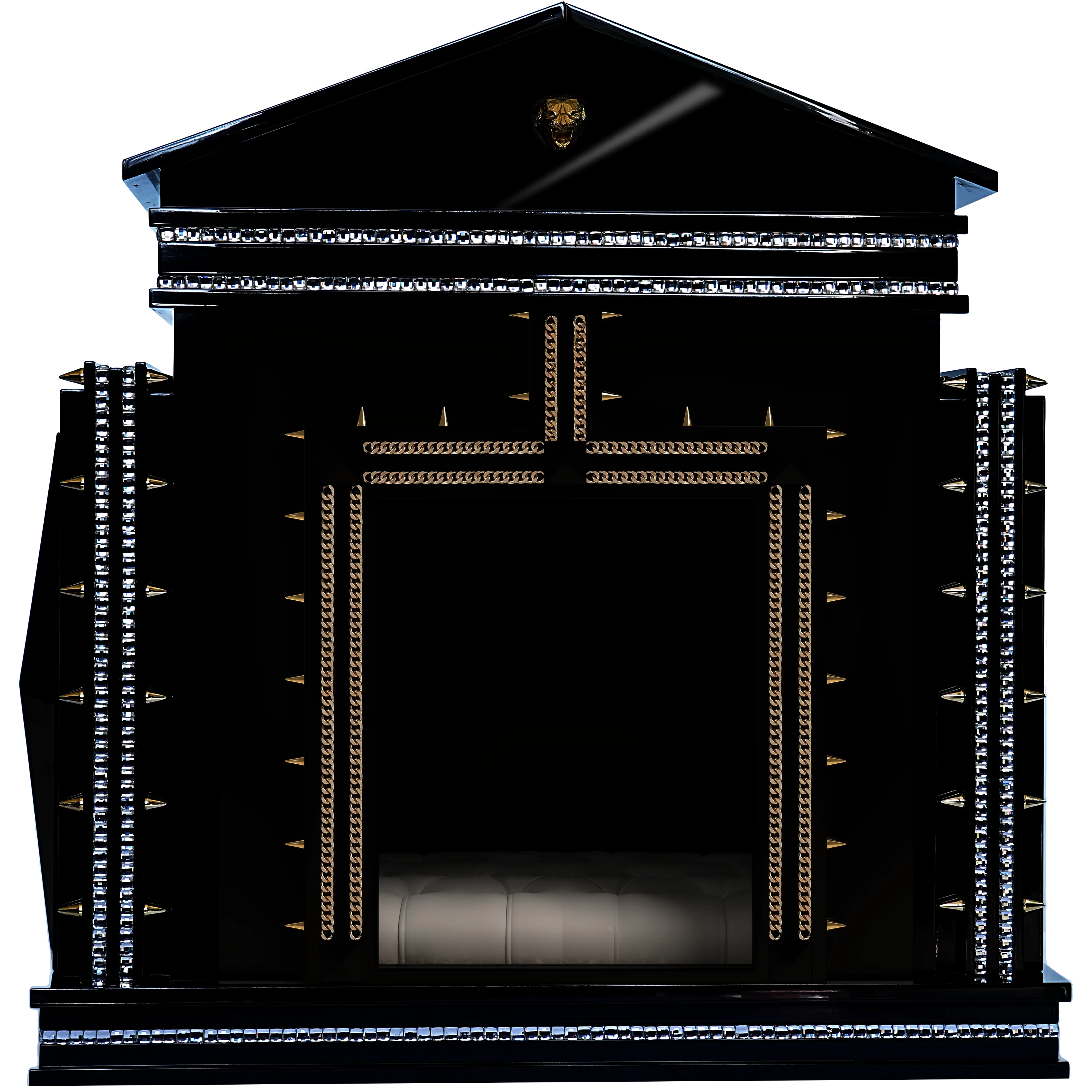 Giant-scale piano gloss facade with 24k gold studs and diamonds on an XL dog kennel house.