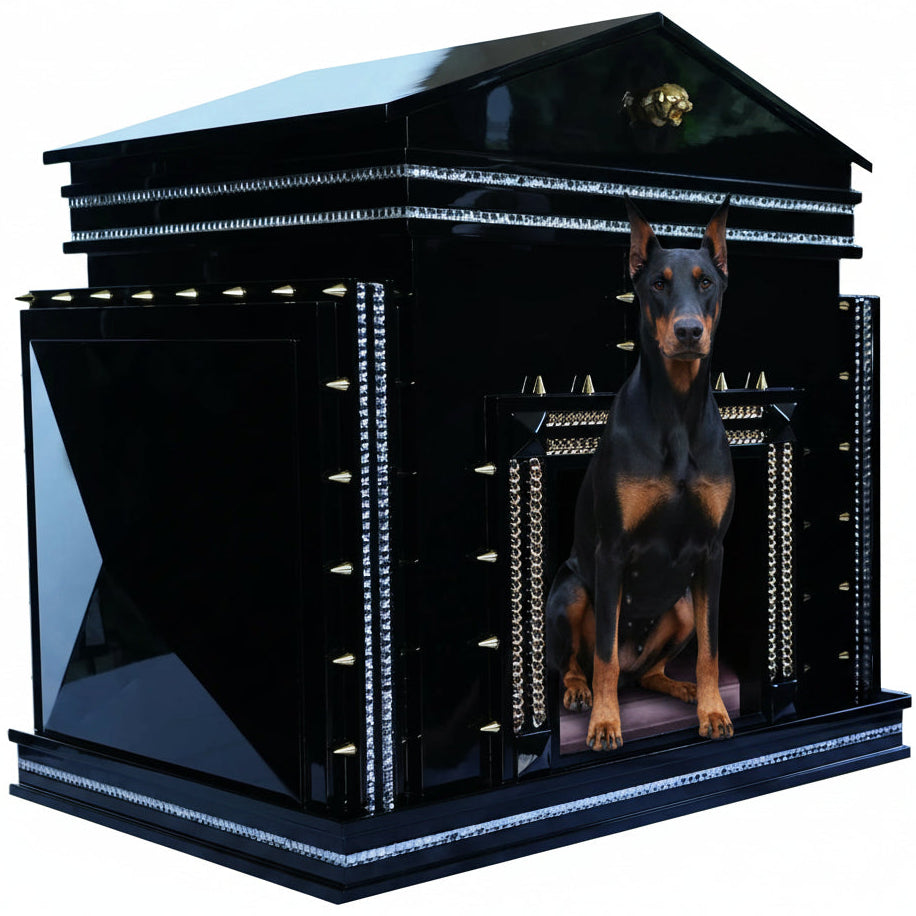 Monumental pyramid structure with a satin velvet cushion inside the Beverly Hills XL dog house.