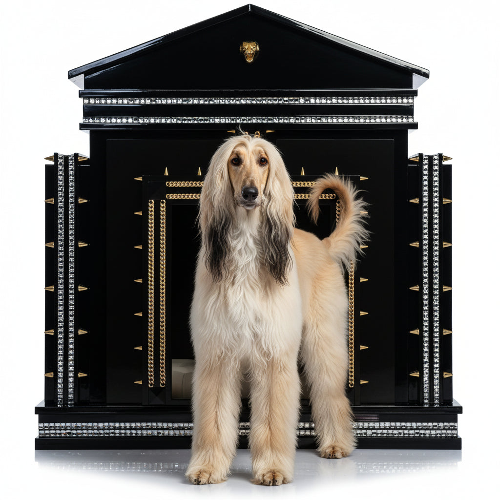 "The Beverly Hills XL indoor dog kennel house in monumental piano black with an elegant Afghan Hound."