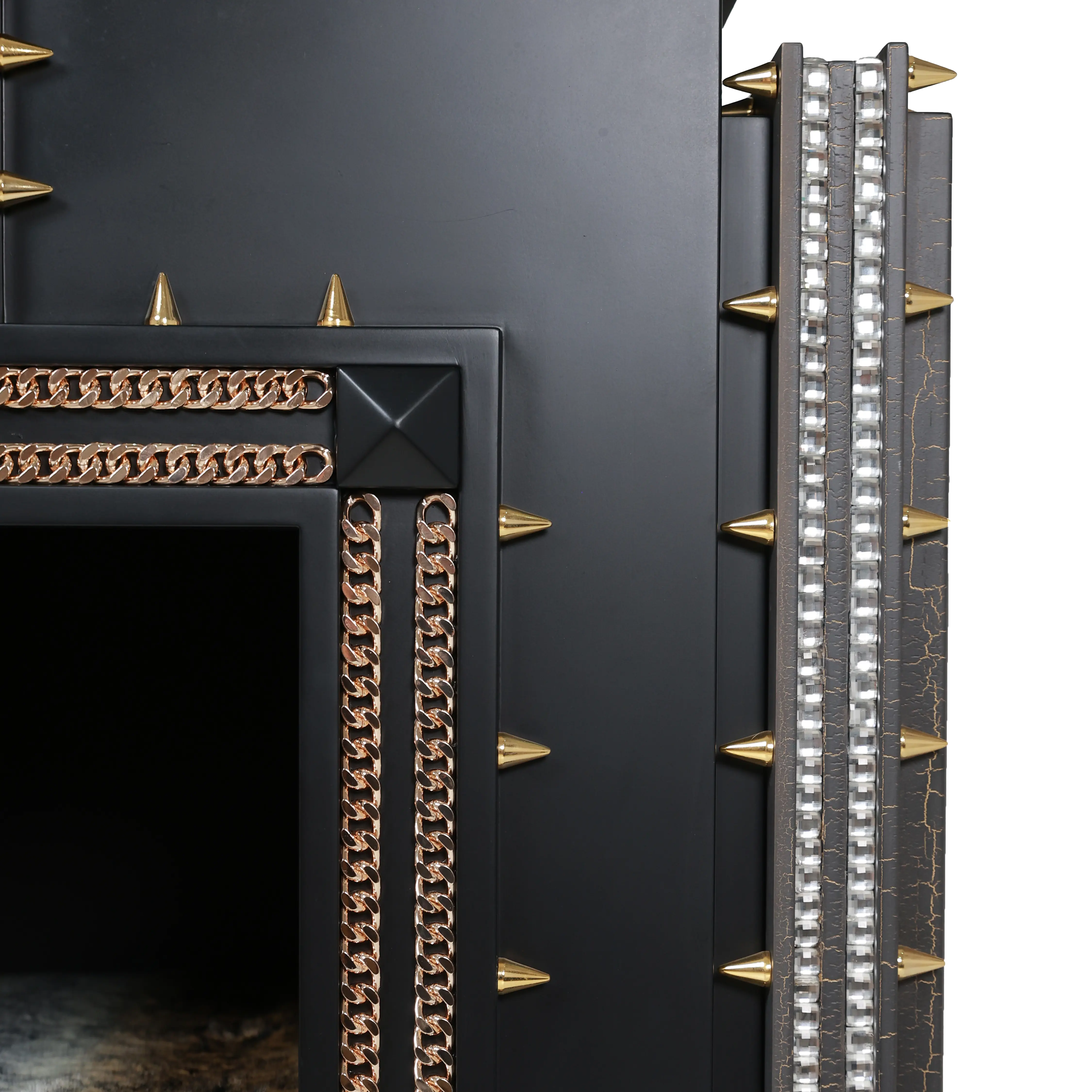 Hand-set crystals and 24k gold studs on a bespoke indoor dog kennel house for Frenchies.