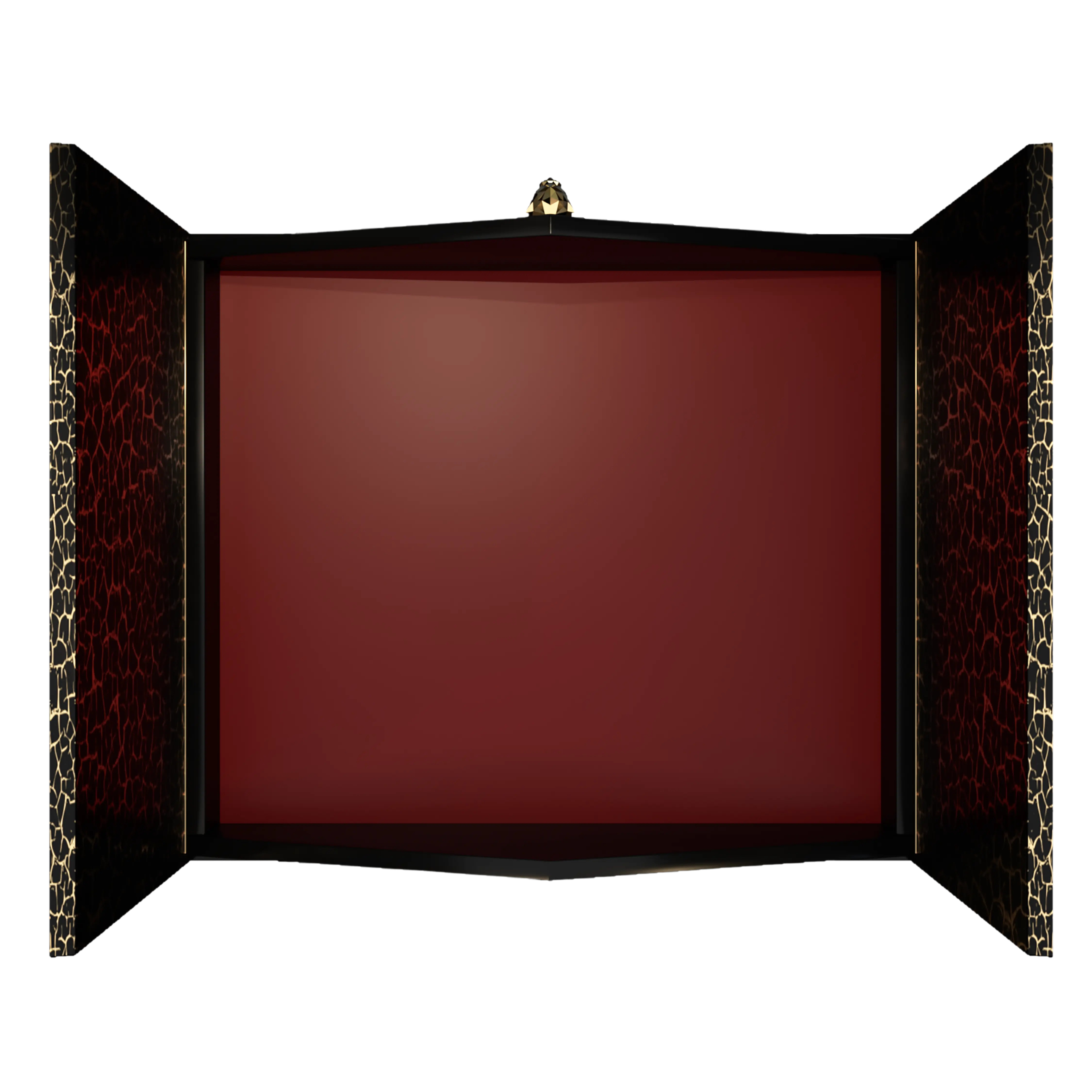 Hidden closet with super glam red interior for medium dog breed accessories.