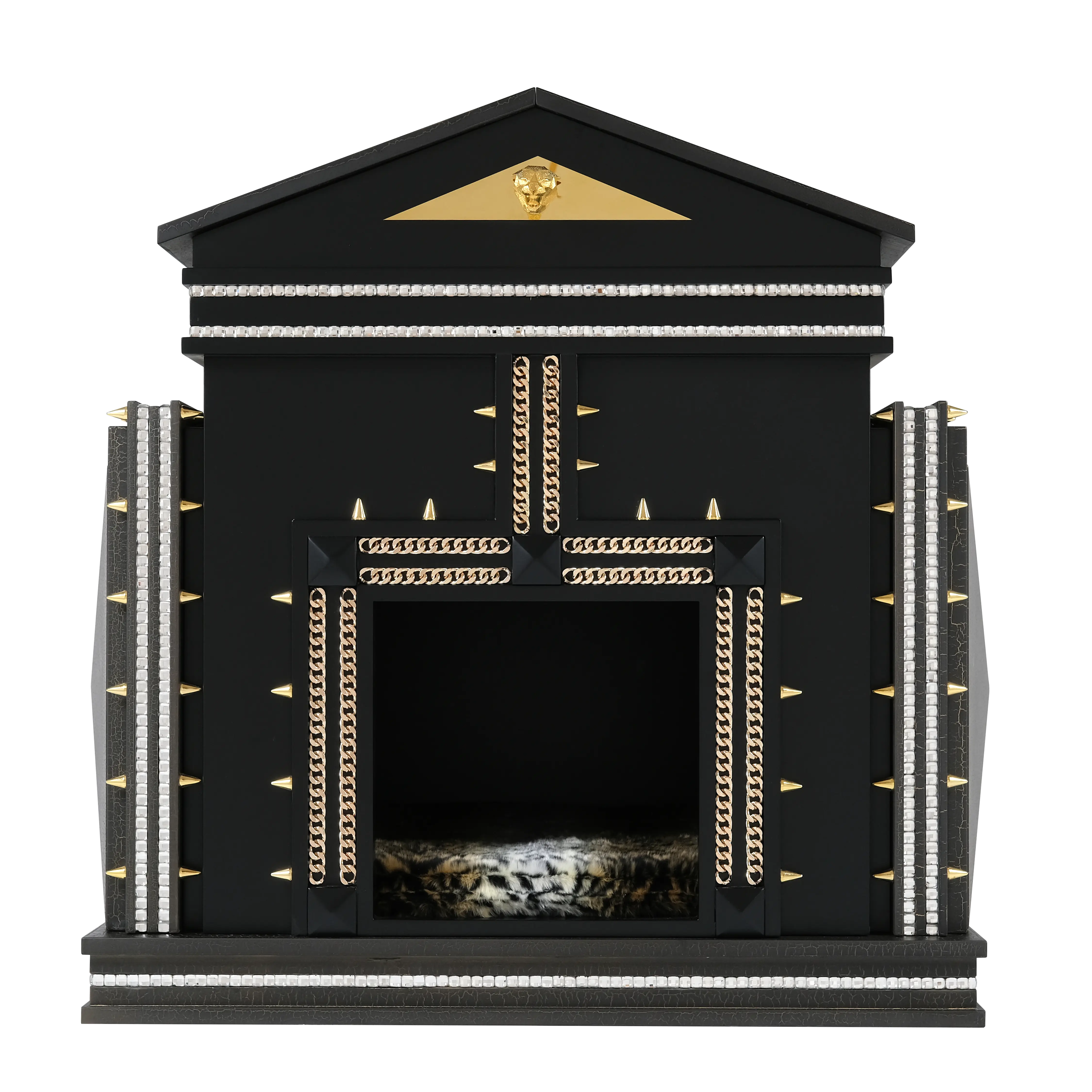 24k gold studded crystal facade with designer chains on an indoor dog kennel house.