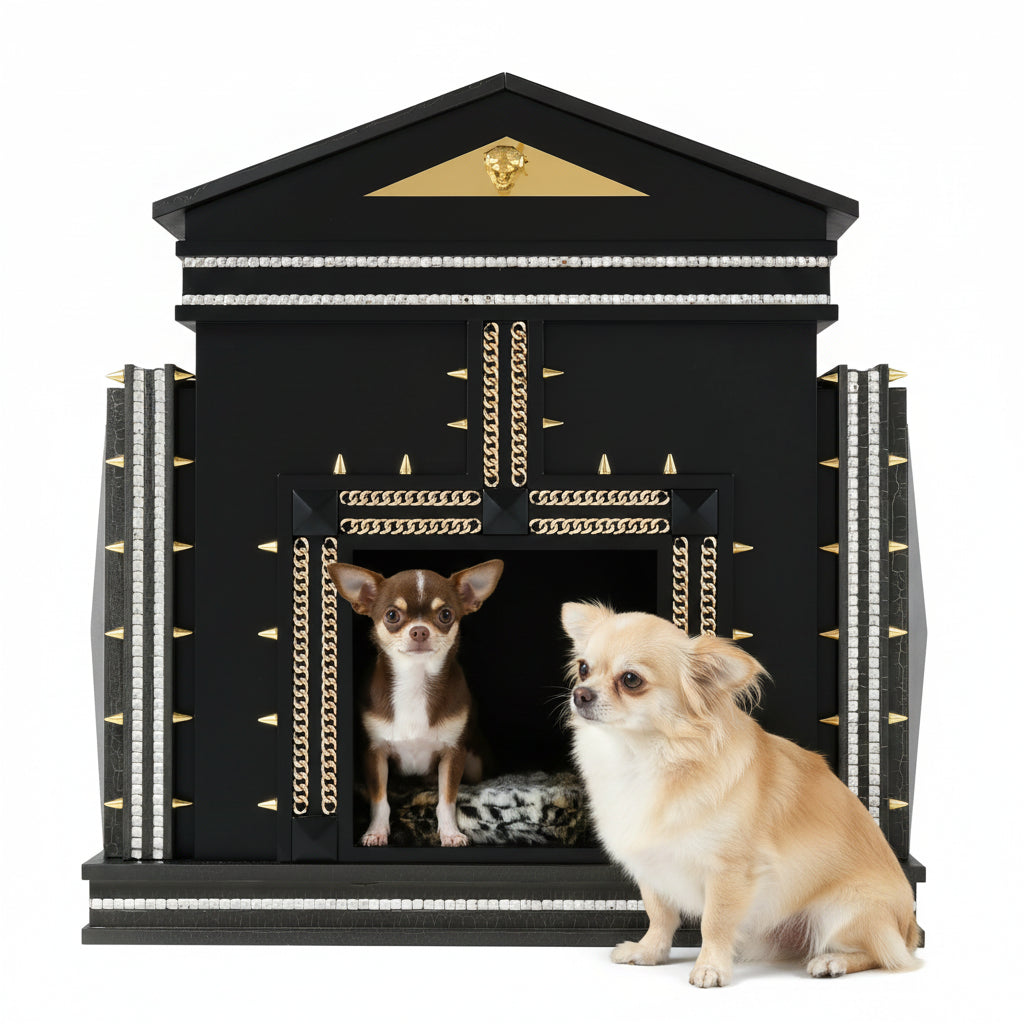 The Hollywood Small indoor dog kennel house in a rockstar glam gold and black edition.