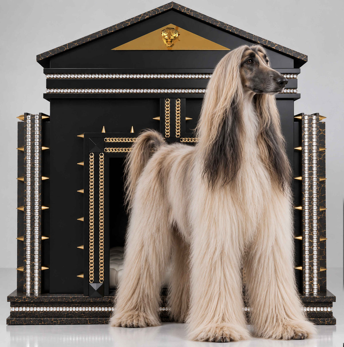 Photorealistic long-haired Afghan Hound standing elegantly in front of a black and gold FUROAR luxury dog kennel, featuring crystal detailing, gold chains, architectural accents and a plush interior.