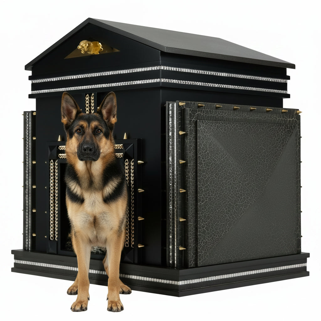 Pyramid side design and luxury plush bed inside an extra-large indoor dog kennel house.