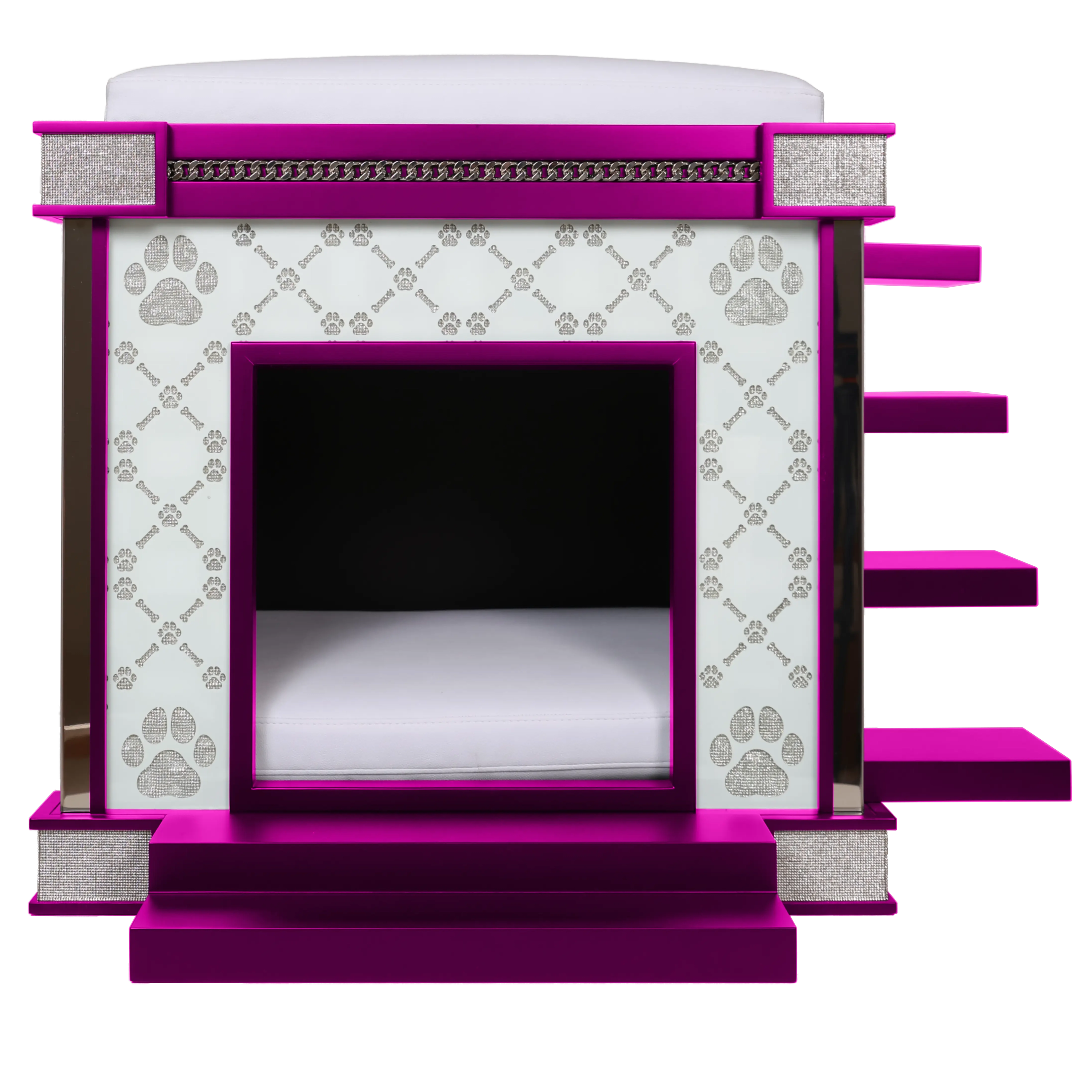 Fuchsia satin designer pattern on a bespoke elite indoor dog kennel house for French Bulldogs.