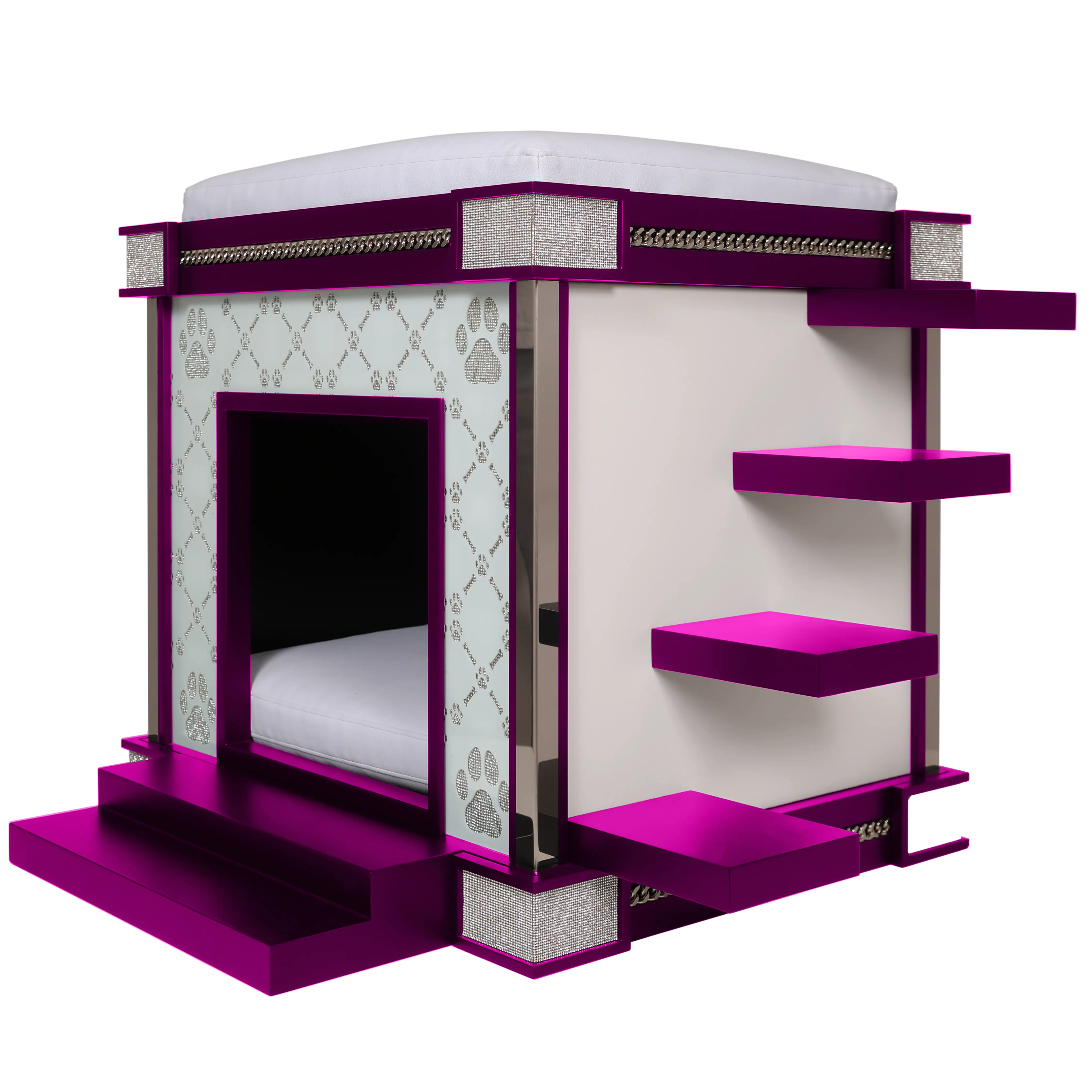 Modern glam floating stairs inside the unapologetically elite fuchsia indoor dog kennel house.