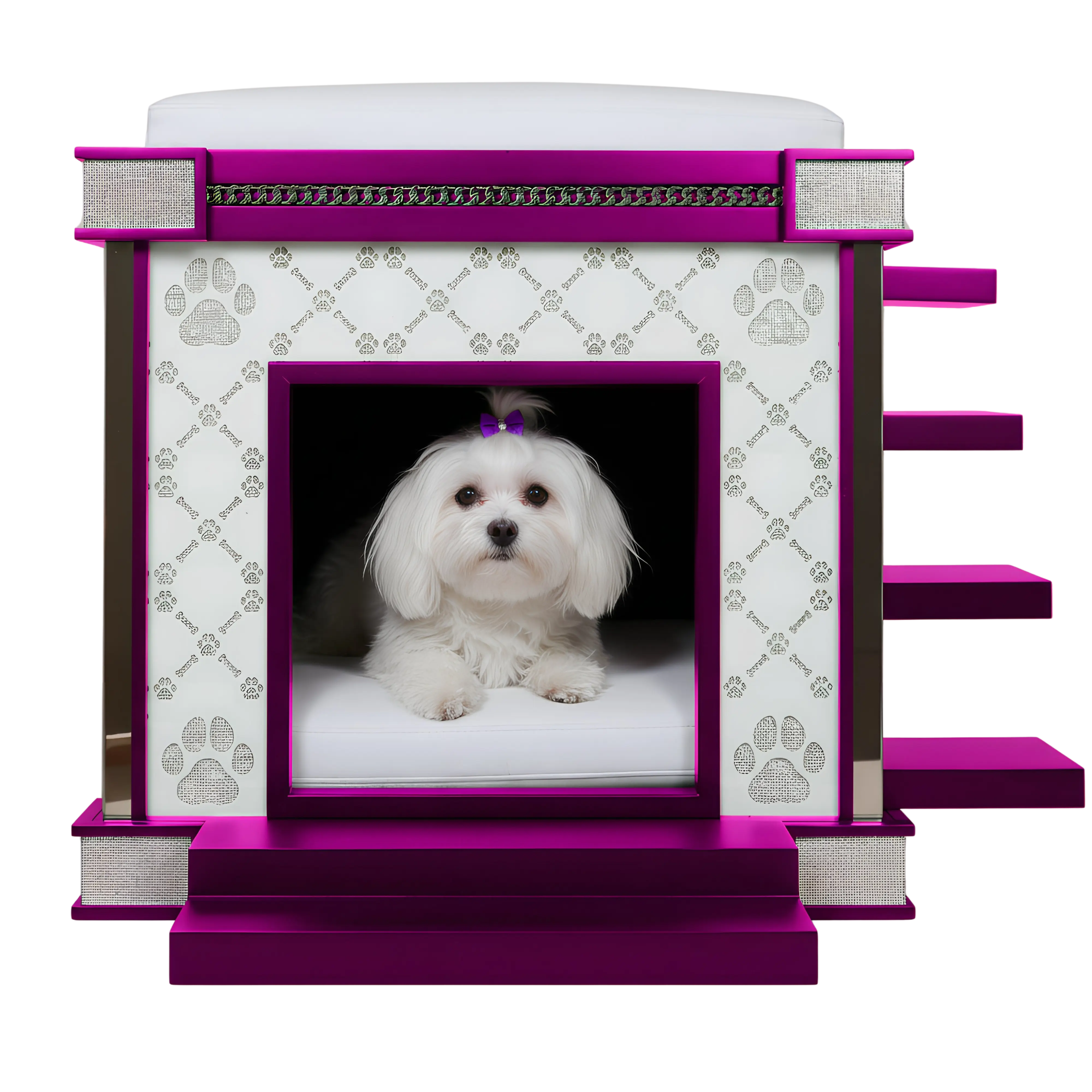 The Malibu Beverly Hills Small indoor dog kennel house in a super glam fuchsia finish.