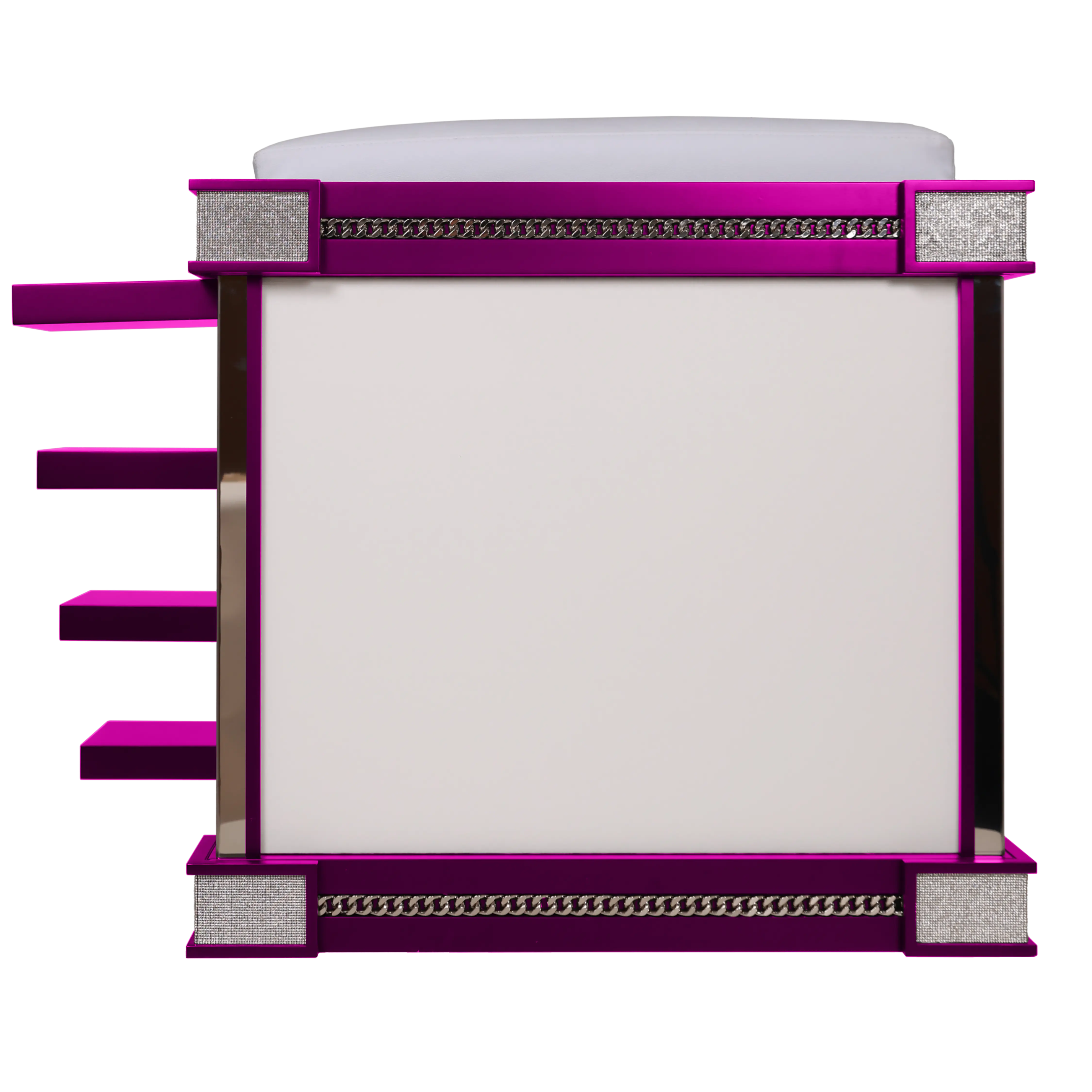 Rear view of the super glam fuchsia pet architecture on an indoor dog kennel house.
