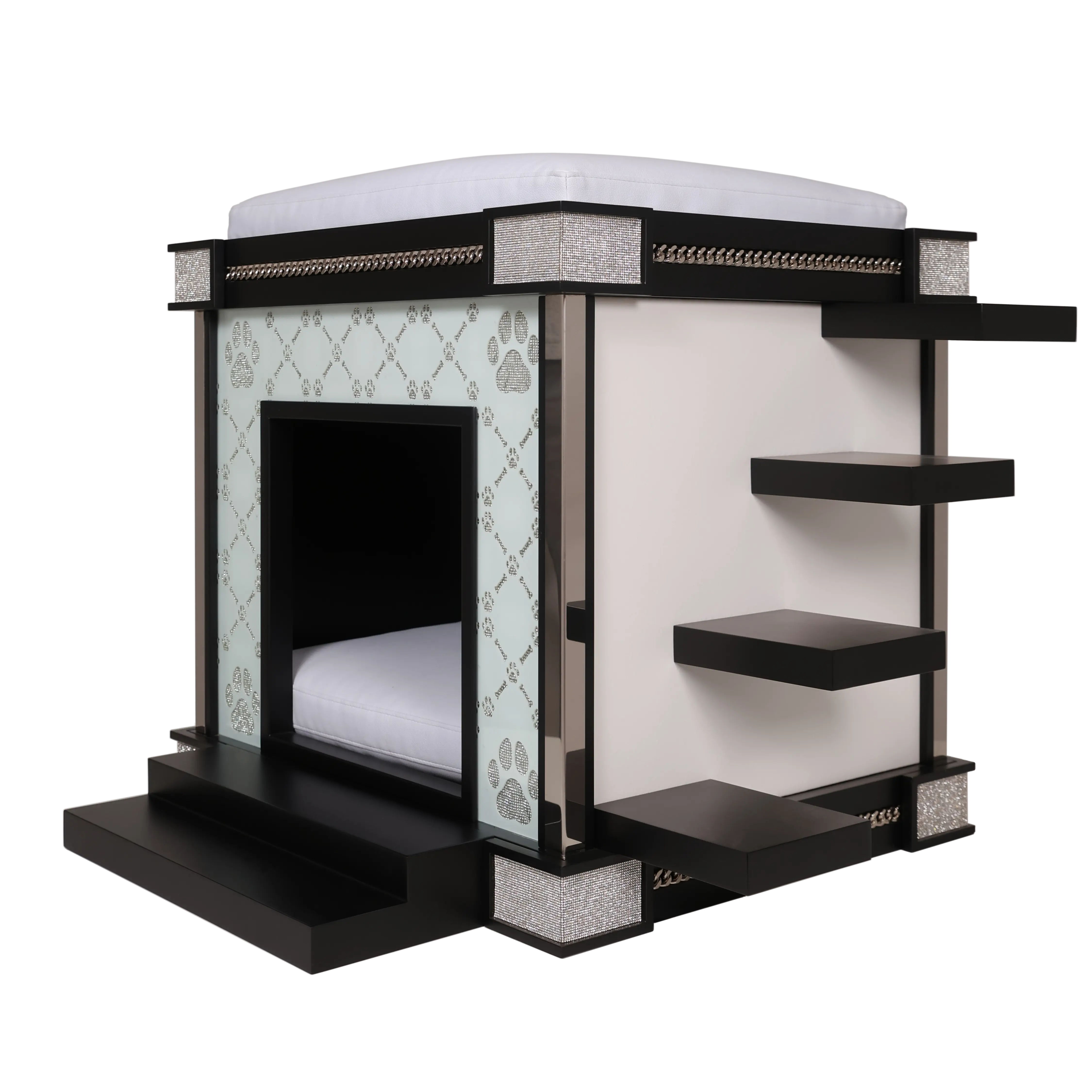 Ultra sleek floating stairs on an indoor luxury dog kennel house with lounge deck.