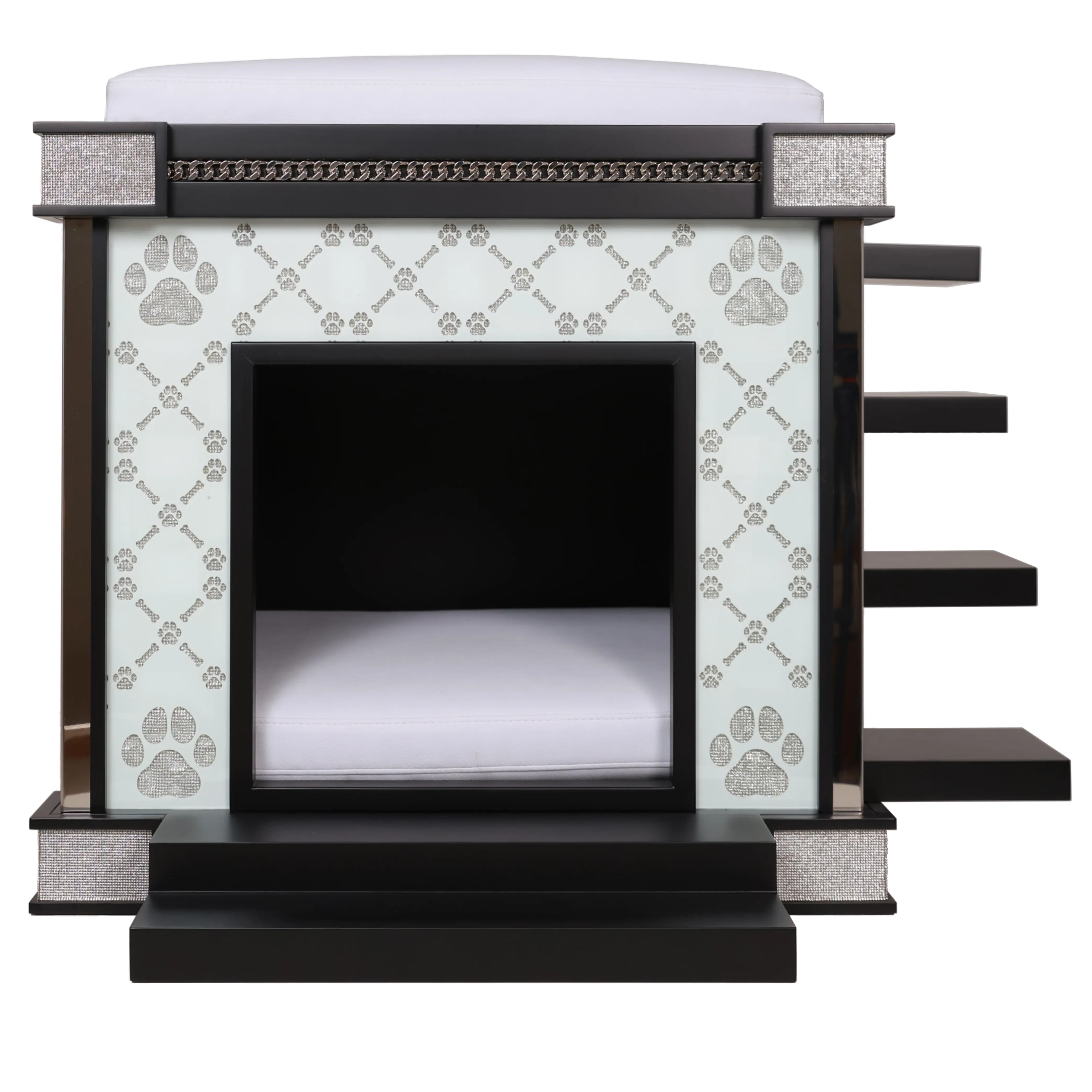 Modern glam handcrafted pattern on this indoor dog kennel house for Frenchies.
