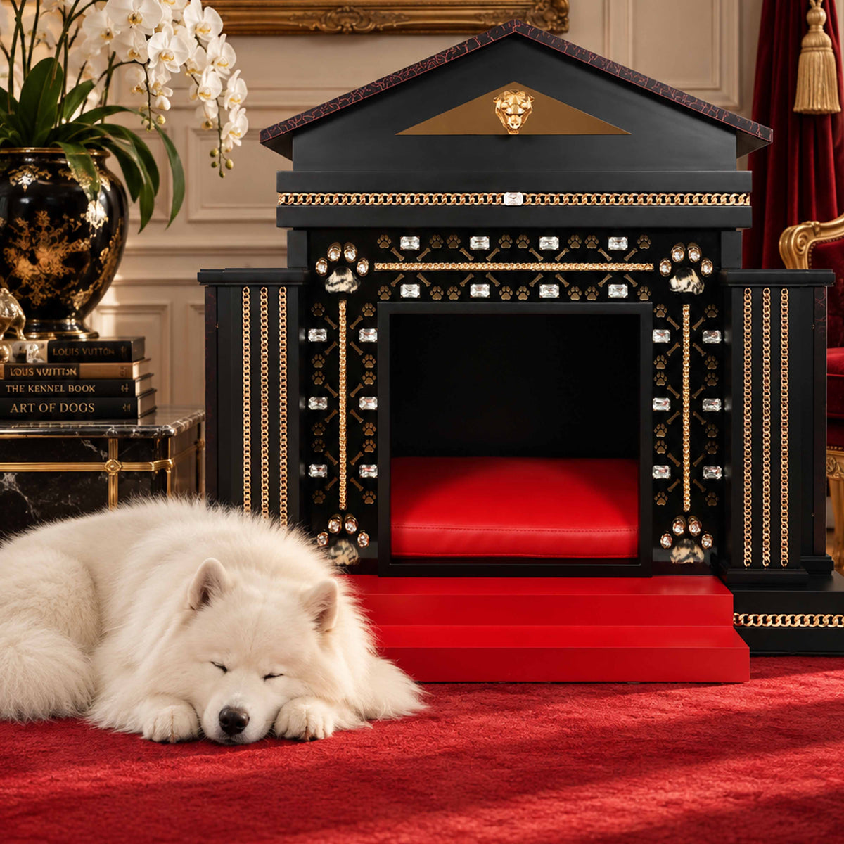 FUROAR luxury designer dog kennel in black, red and gold with crystal and chain detailing, styled in an elegant interior with a sleeping white Samoyed, red carpet, white orchids and classic dog portrait.