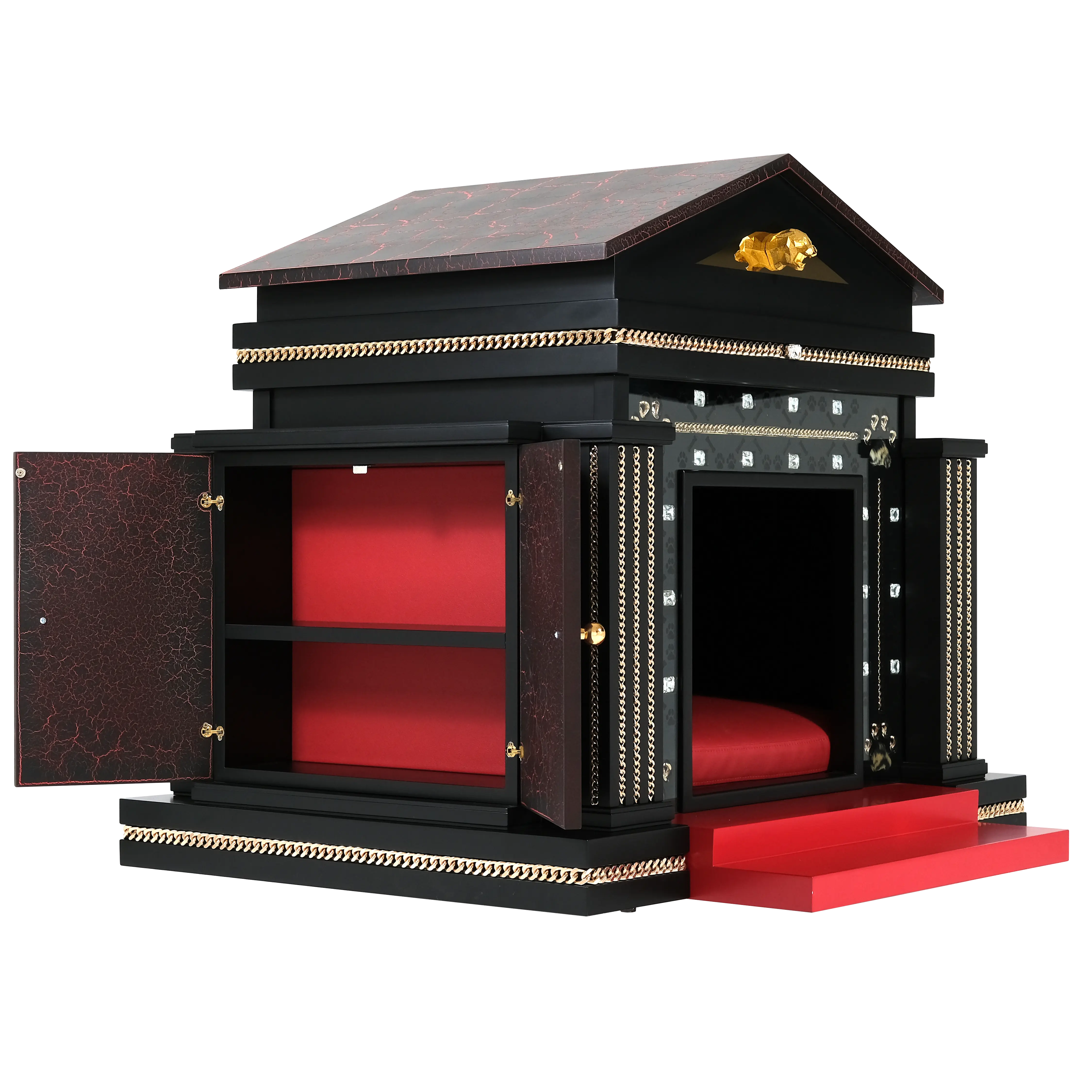 Ultra sleek open wardrobe and red interior on The Star Medium dog kennel for small to medium breeds.