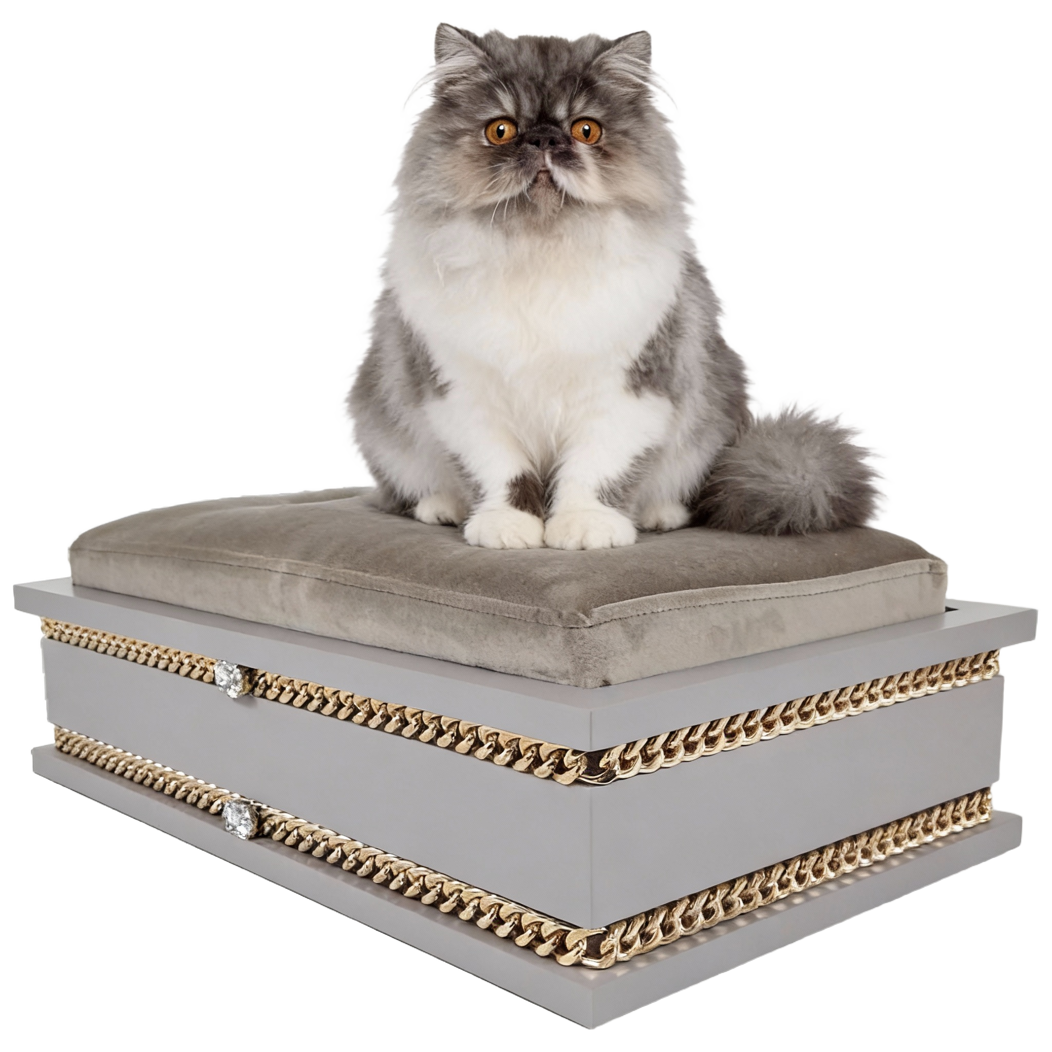 FUROAR Tom Medium luxury designer pet bed for cats and toy dogs with gold jewelry accessories.