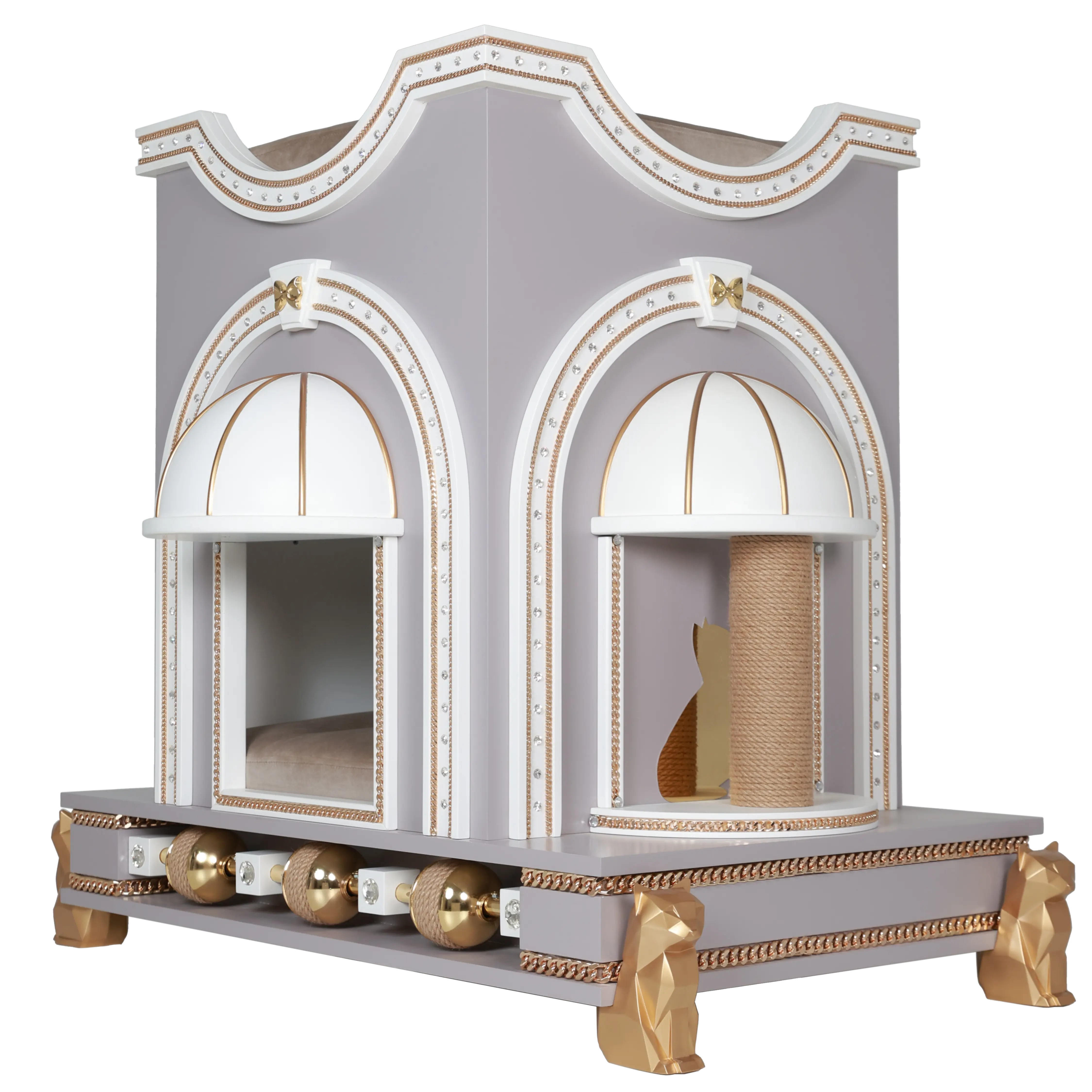 "Detail of the TOMMY gold rotating spheres and premium velvet cushion, showcasing the exotic designer touch of this unique architectural cat house."