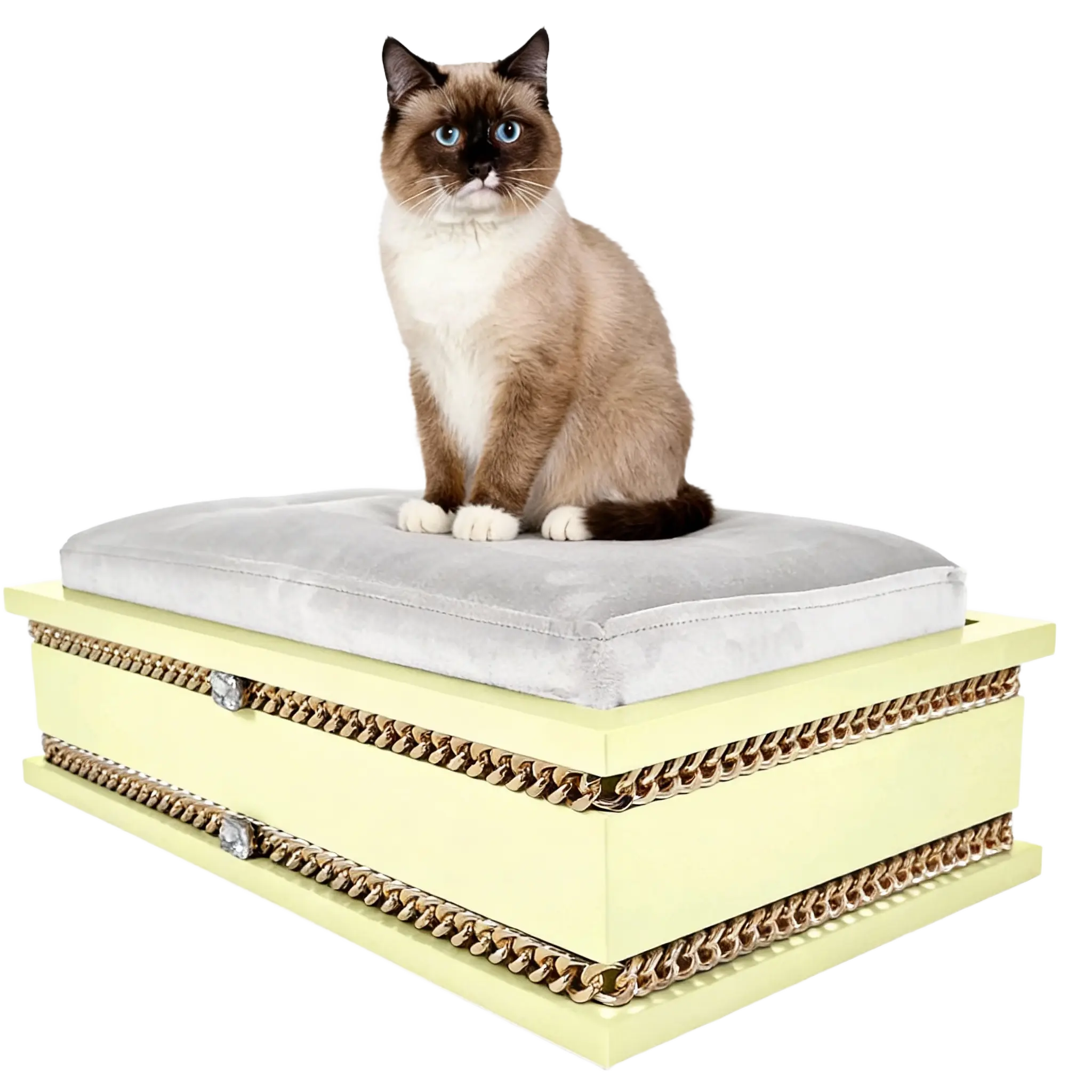 FUROAR Twinkle Medium luxury designer pet bed for cats and toy dogs with gold jewelry accessories.