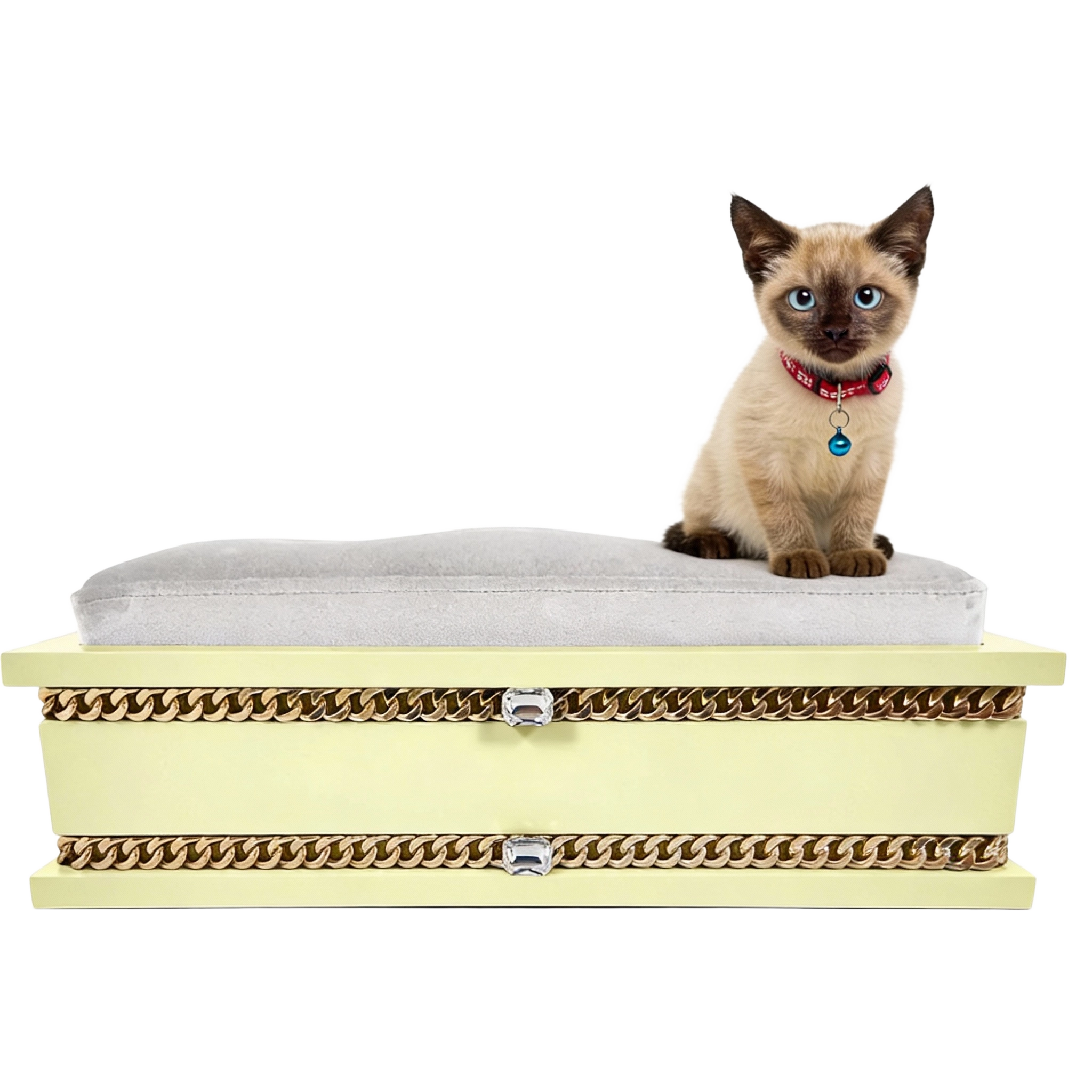 FUROAR Twinkle Small luxury designer pet bed for kittens and puppies with gold jewelry accessories.