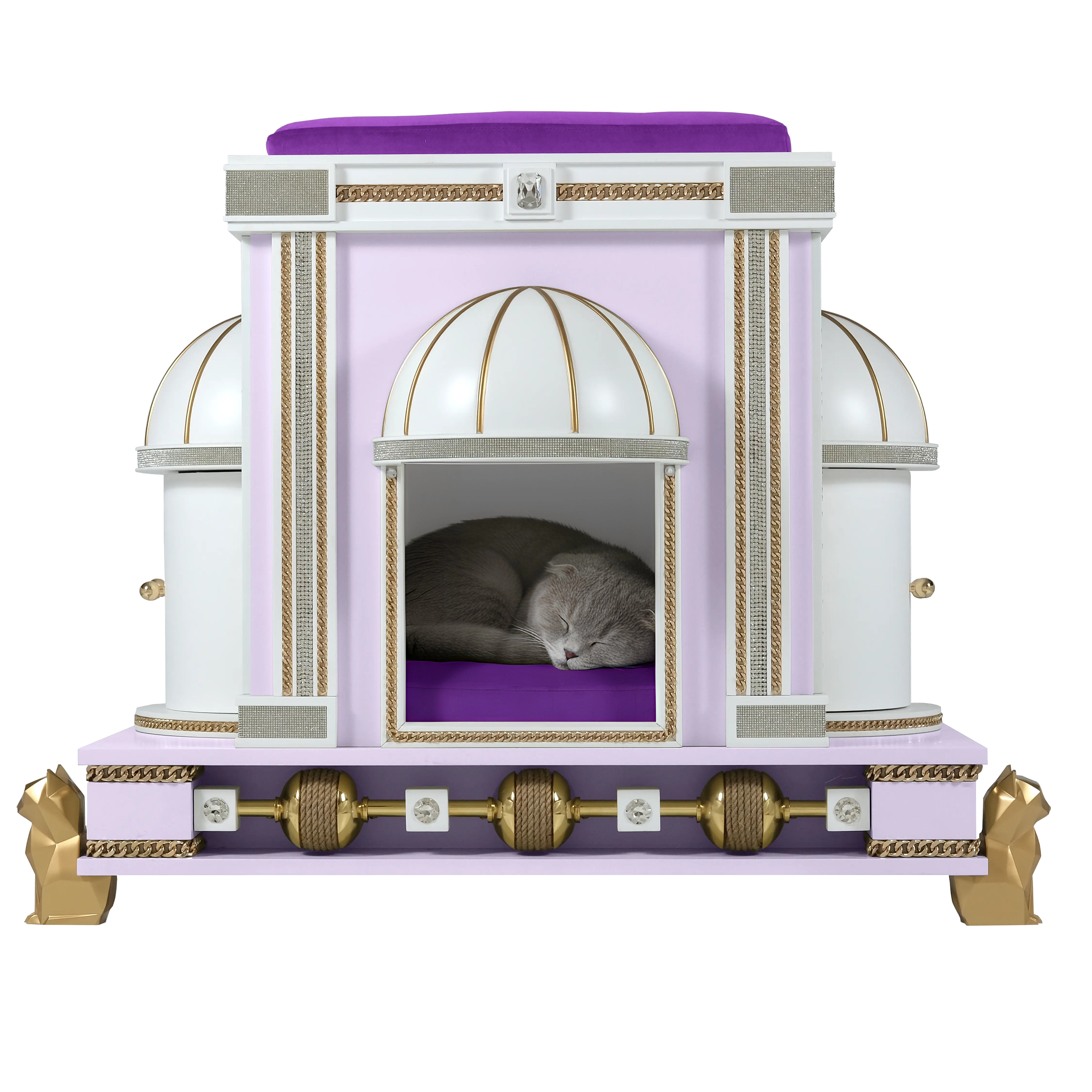 Veronika luxury cat rotunda palace pet house featuring 24k gold leaf accents and a handcrafted architectural dome.