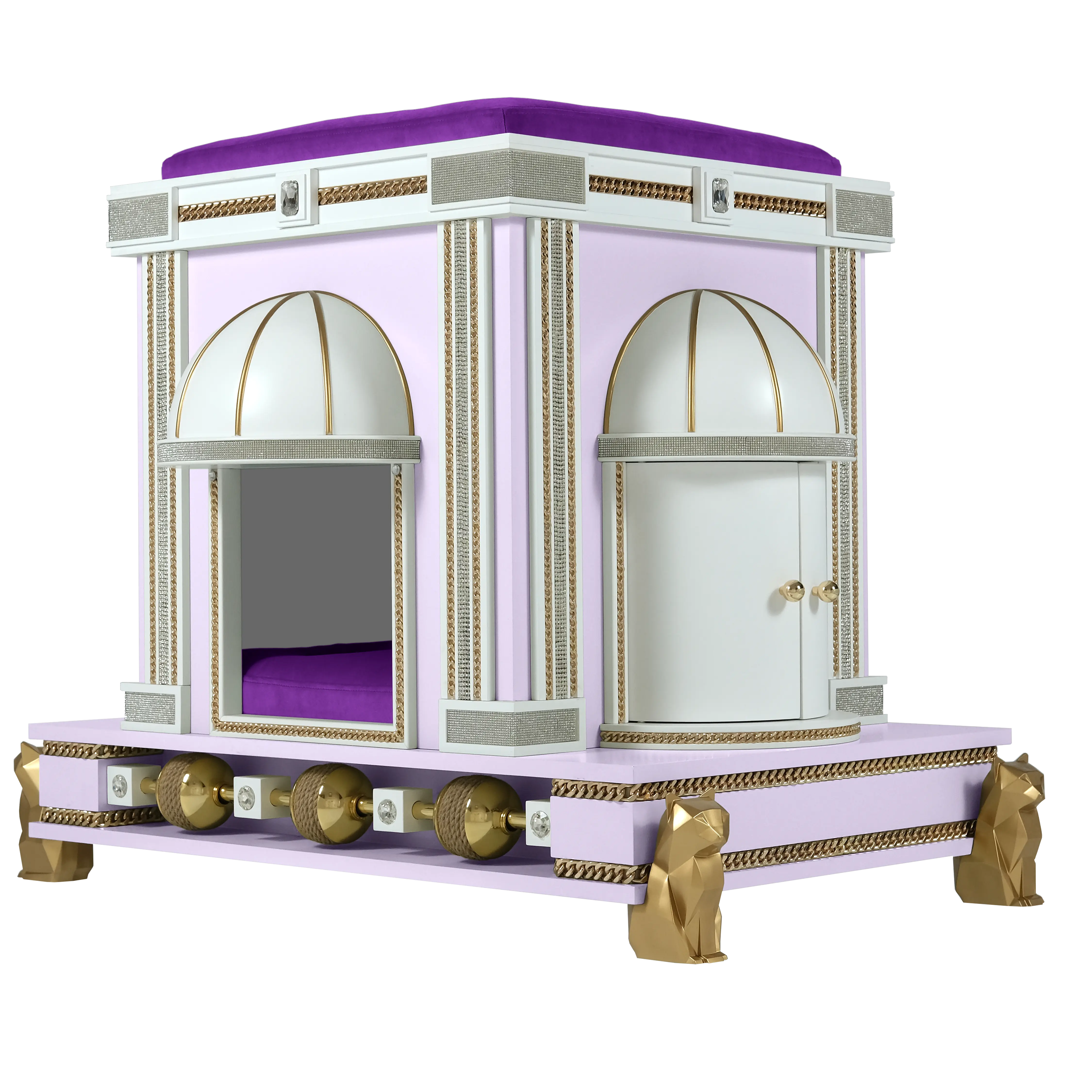 Side view of the Veronika luxury cat palace pet house showing the sleek profile and custom furniture niche design.