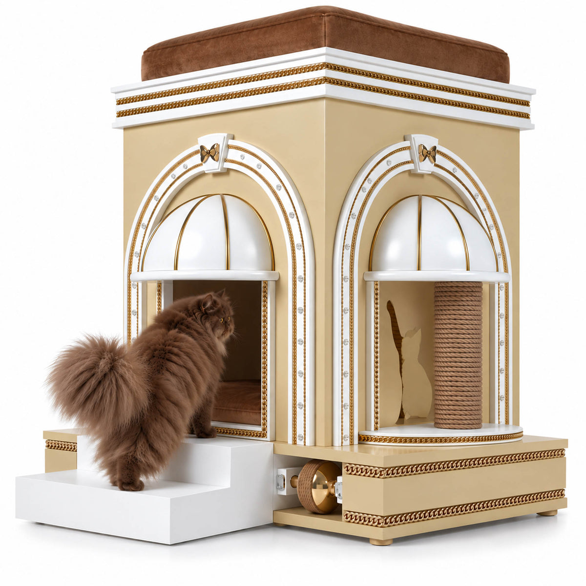 A fluffy brown cat stands on a white platform in front of a decorative beige and white cat house with gold trim, arched entryways, a scratching post inside, and a cushioned top, photographed on a clean white background.