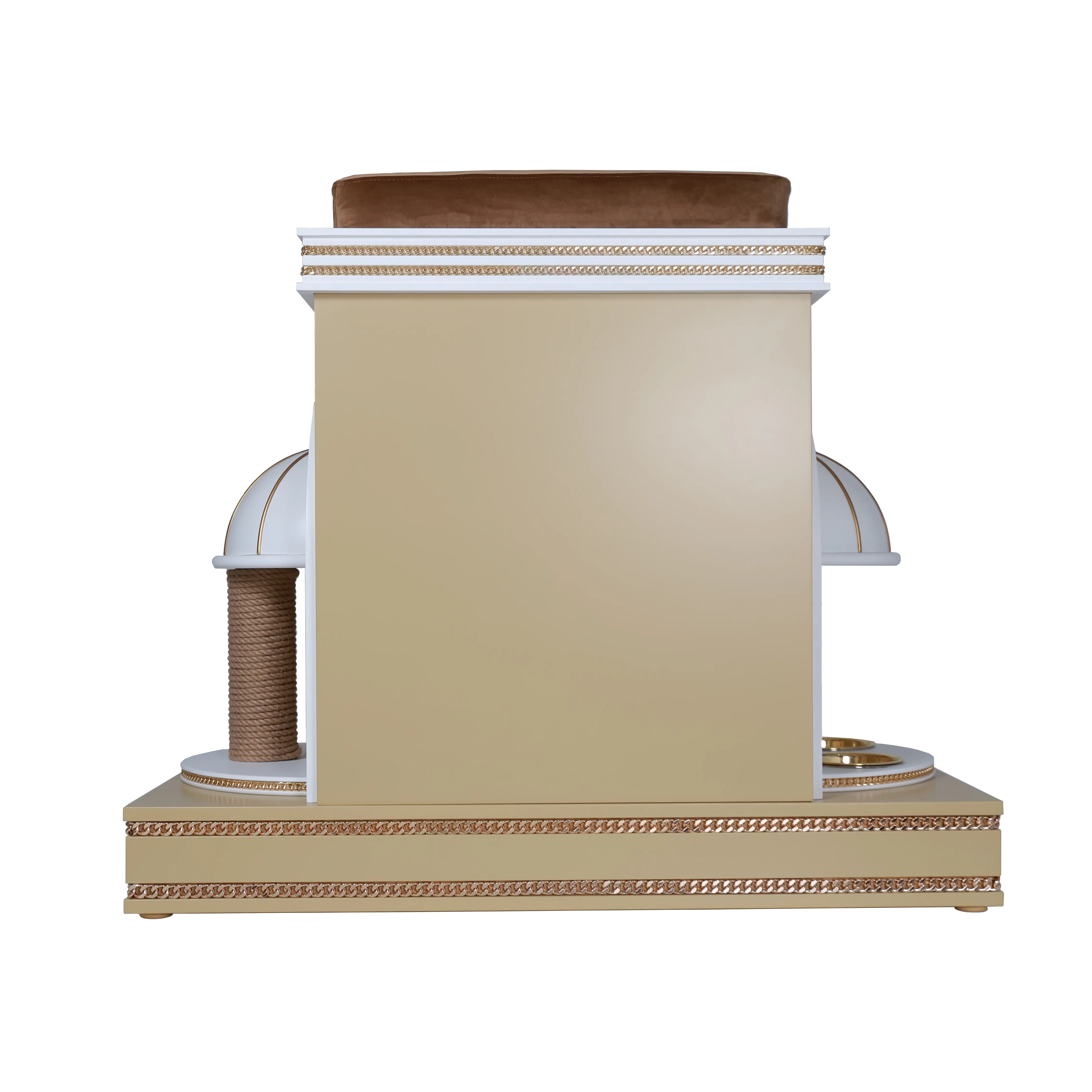 "Rear view of the GINGER architectural cat house, showcasing unique leg support and the flawless balance of refined modern elegance and family living."