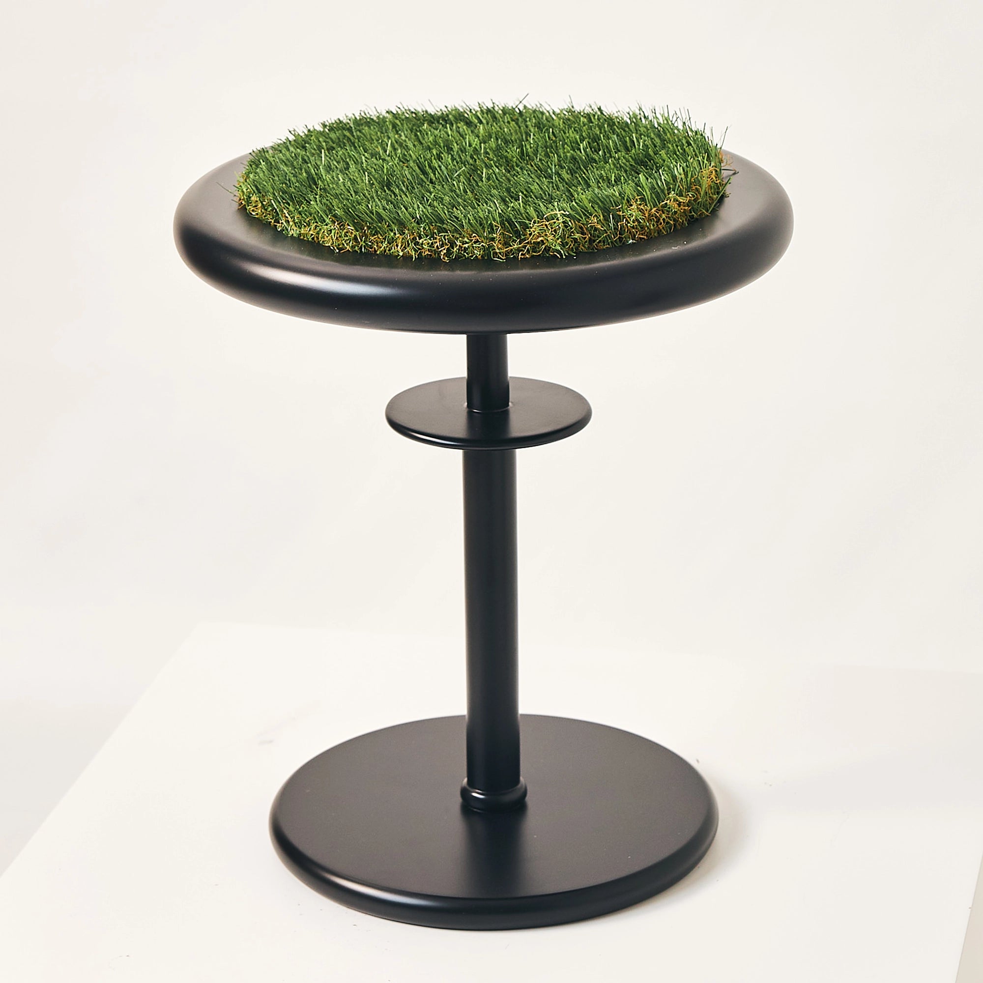 The minimalist matte-black Glory falcon perch by FUROAR with a grass top.