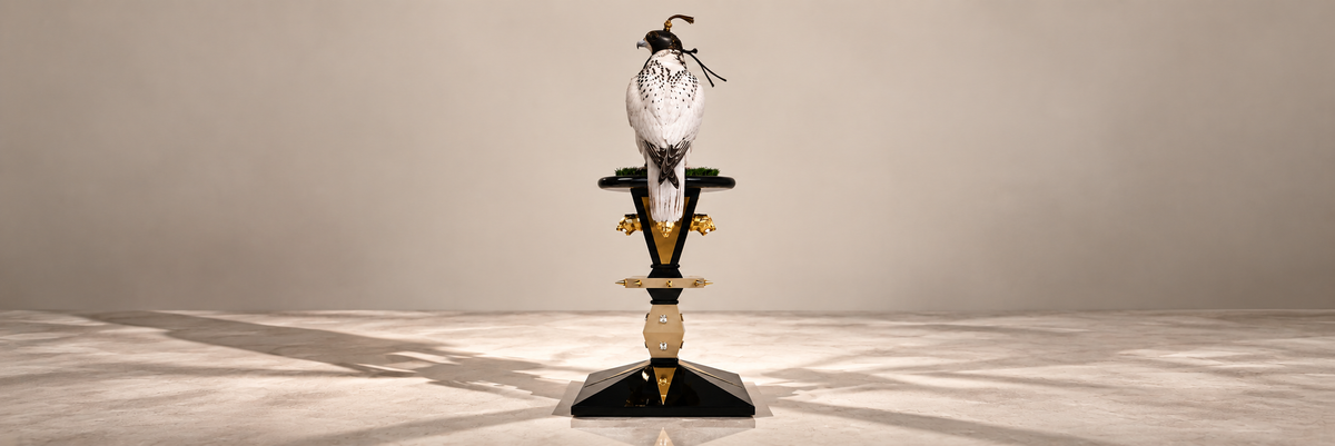 FUROAR Imperial Falcon & Eagle Perch Collection featuring architectural luxury perches with sculptural black and gold detailing, created for distinguished falcons and eagles.