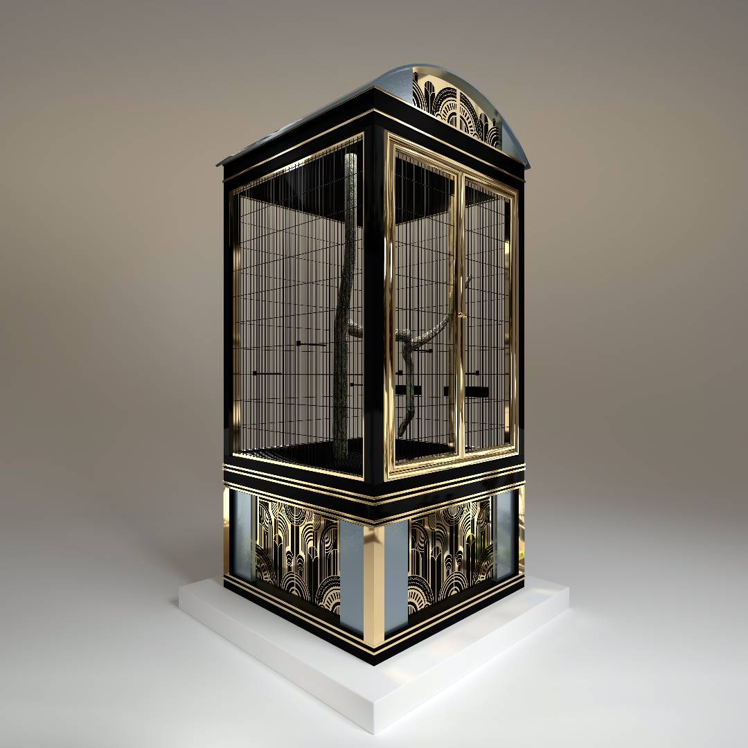 La Galerie panoramic luxury aviary by FUROAR side view vertical architectural bars and powder coated finish 