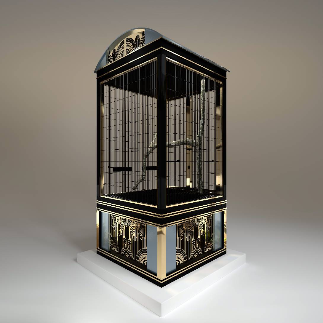 La Galerie designer bird cage by FUROAR Art Deco geometric motifs and artisanal craftsmanship detail 