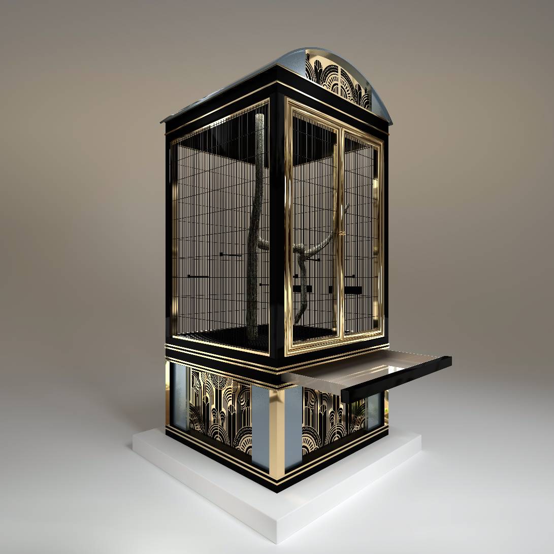 La Galerie luxury aviary by FUROAR slide-out cleaning tray blending effortless maintenance and high-end design