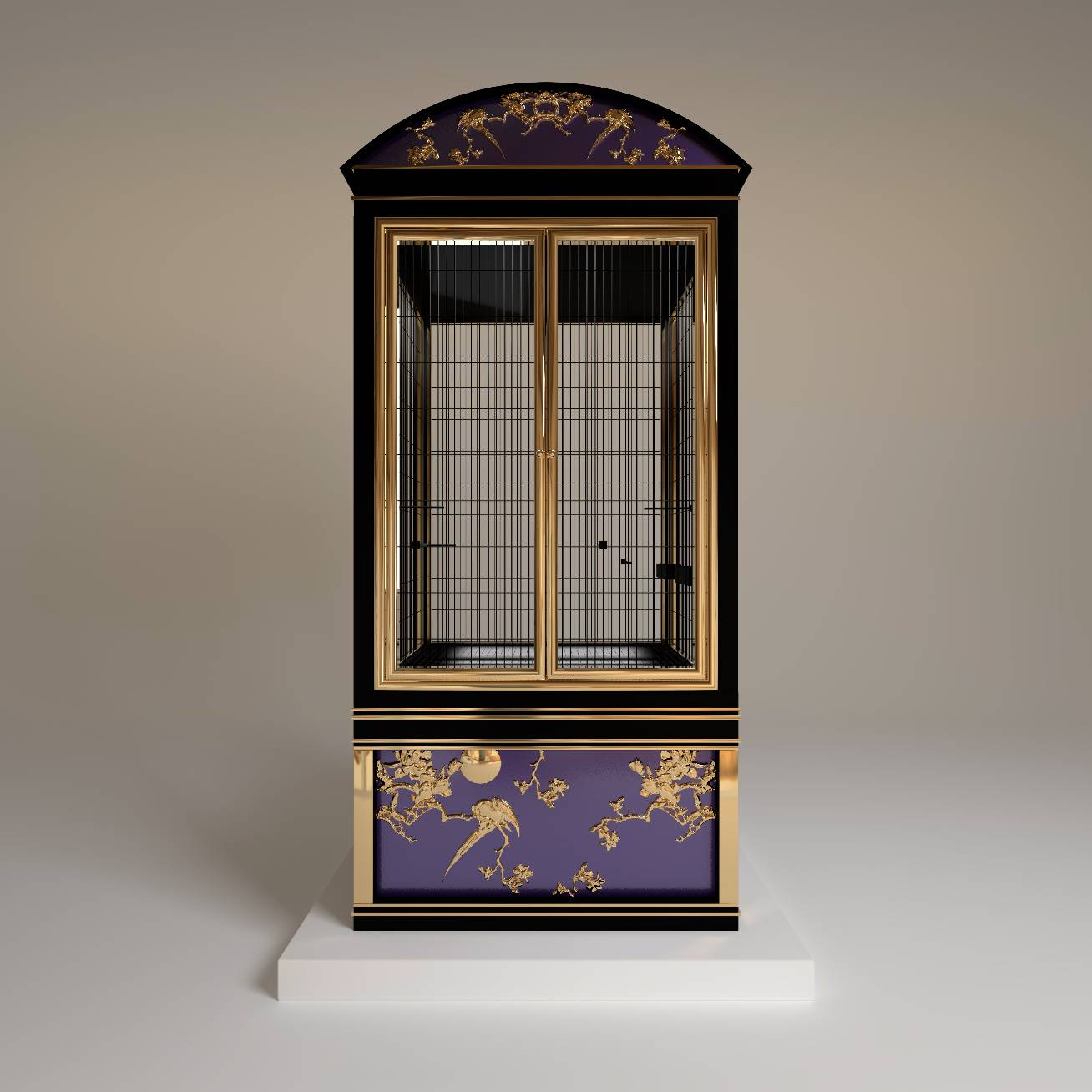 "A romantic and elegant front view of Le Boudoir luxury bird cage, a bespoke royal sanctuary designed for exotic birds in soulful indoor spaces."